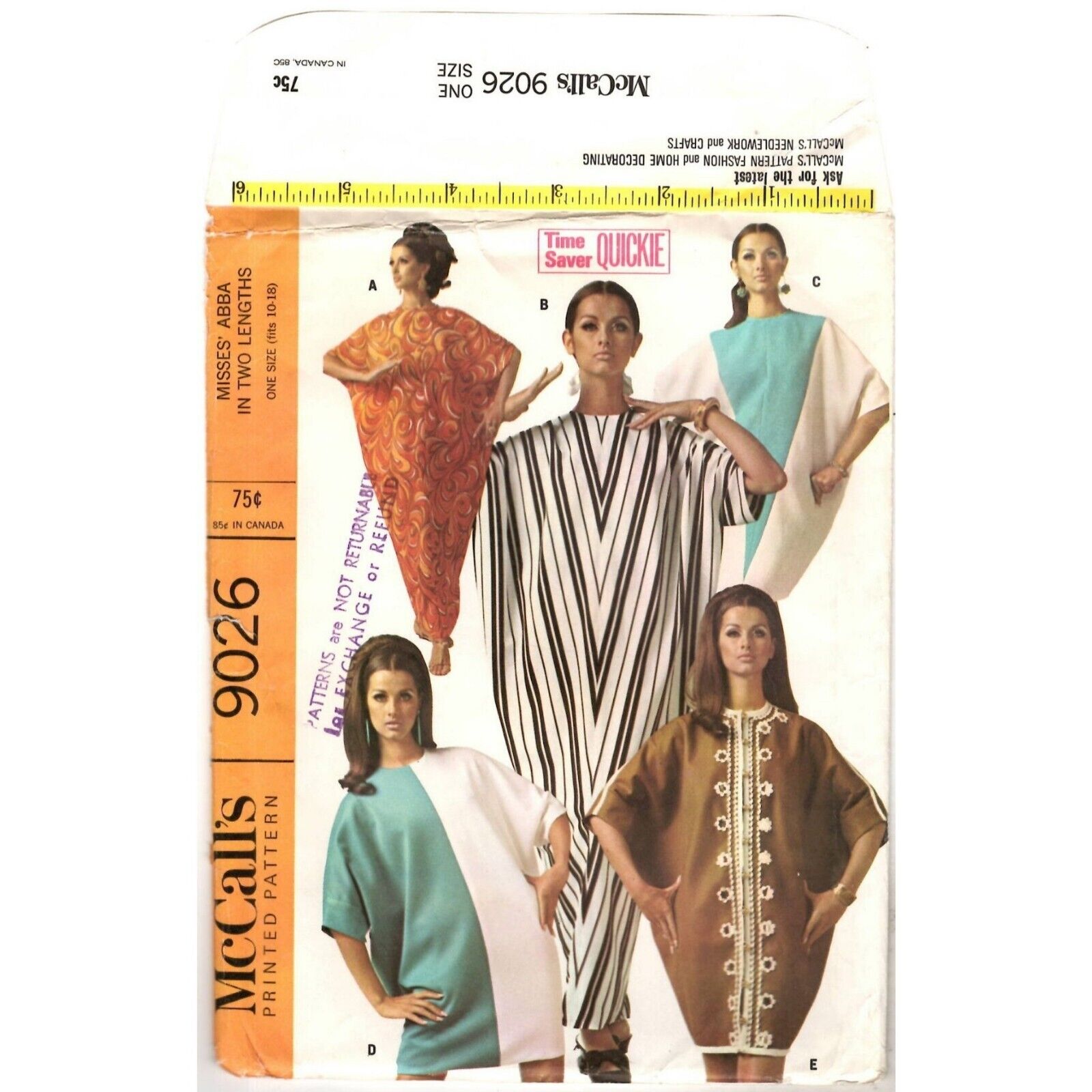 1967 Vintage Mc Call\'s 9026 Women\'s One Sz 10-18  Sewing Pattern  Abba UC