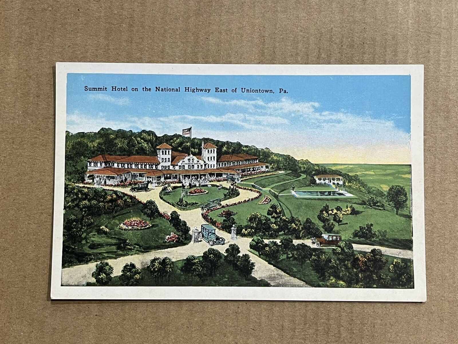 Postcard Uniontown Pennsylvania Summit Hotel Aerial View National Highway East