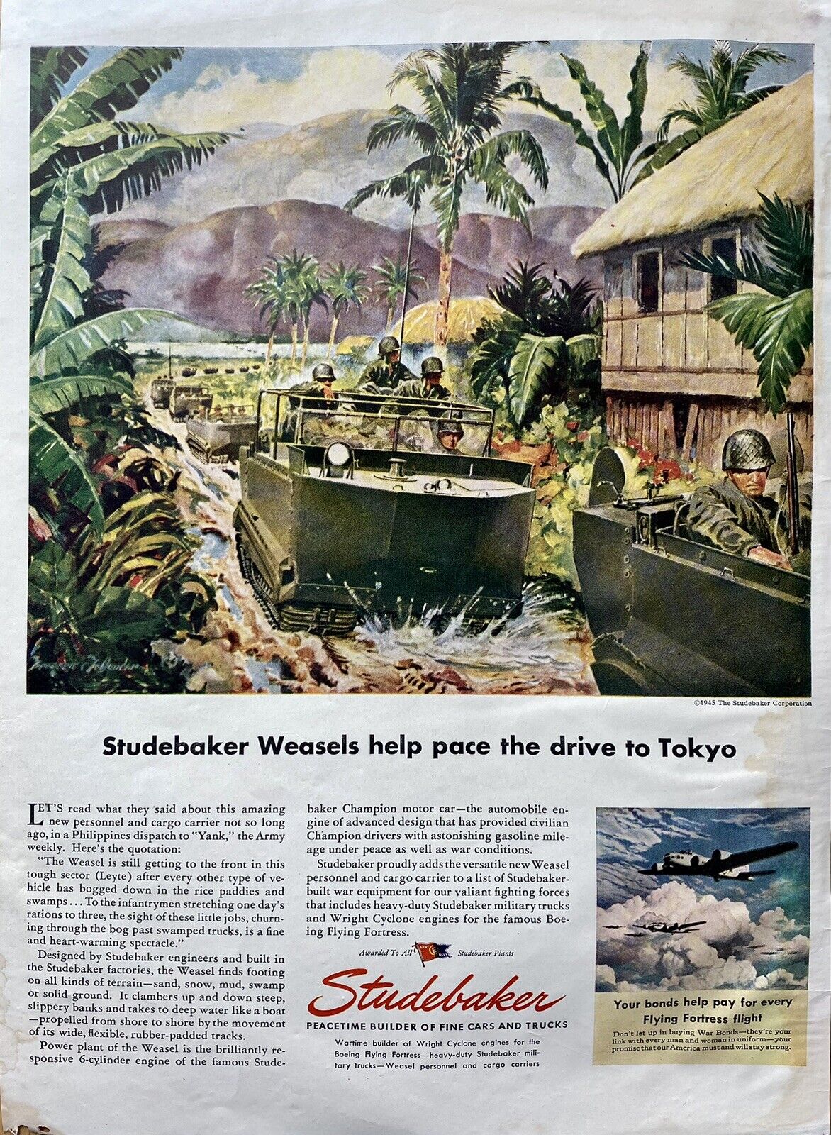 Vtg Print Ad 1945 Studebaker WWII Philippines Tokyo Retro Car Home Garage Art