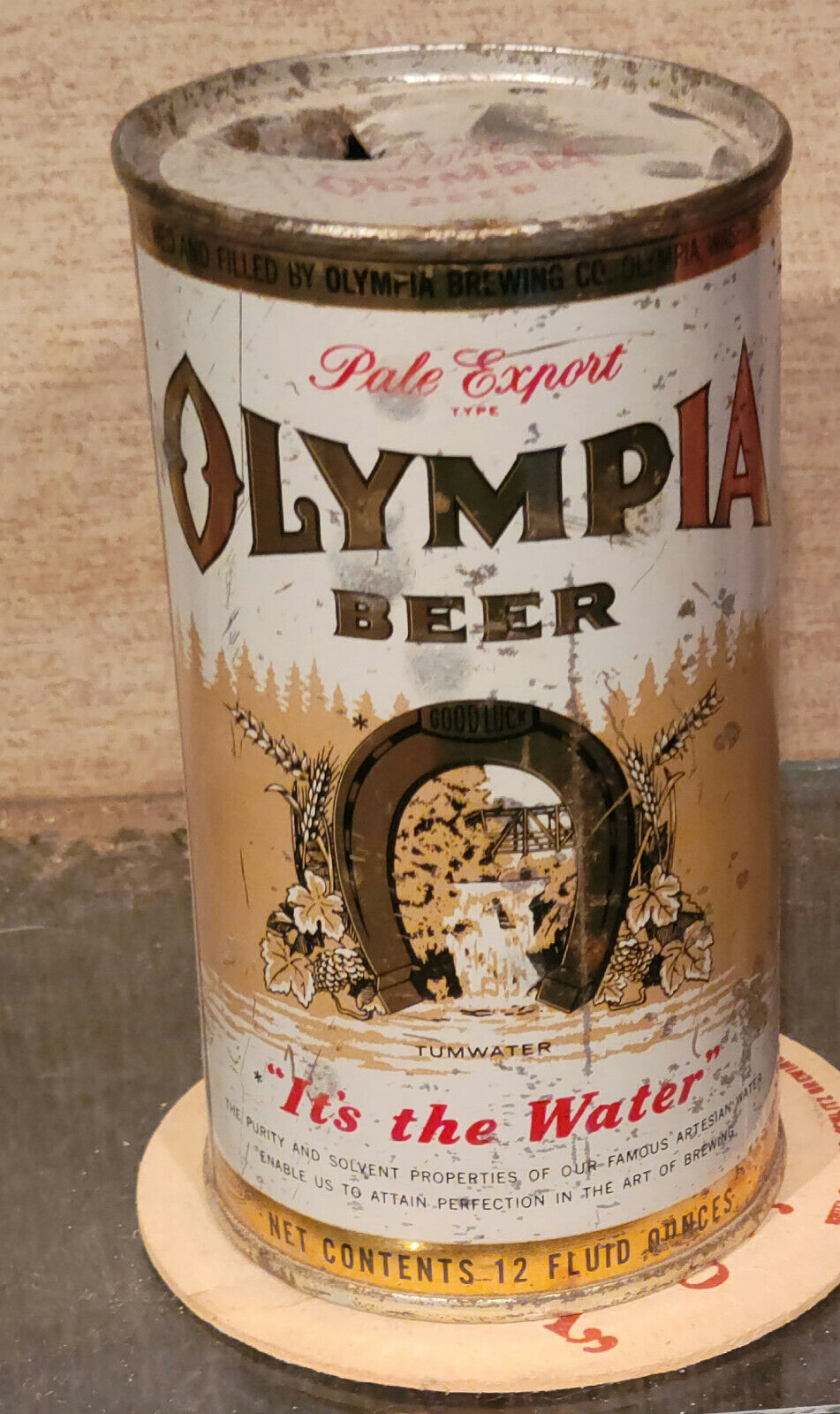 1958  2-SIDED OLYMPIA PALE EXPORT FLAT TOP BEER CAN WASHINGTON OPEN EMPTY