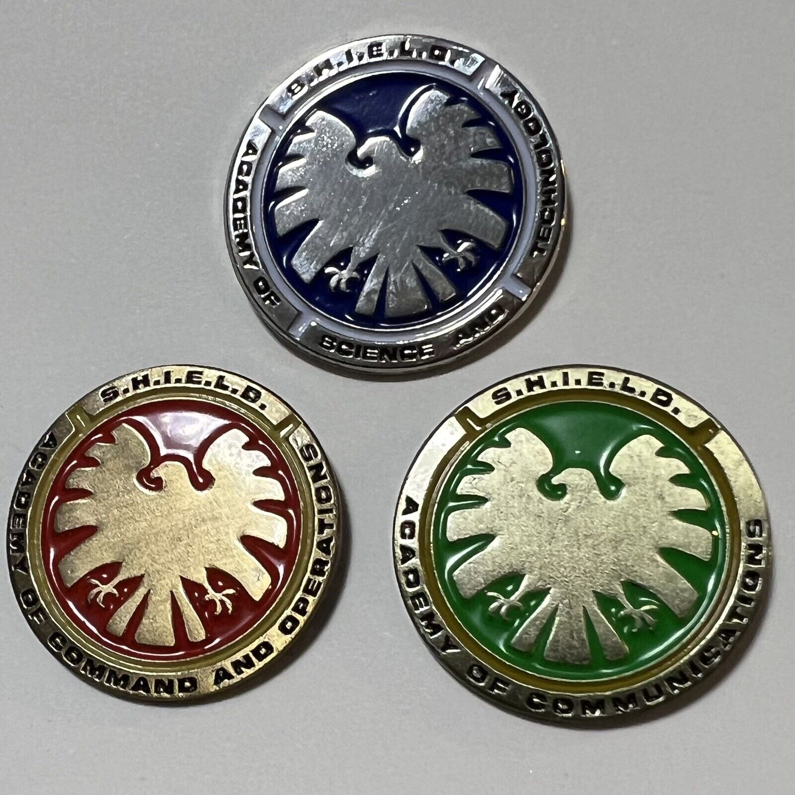 SHIELD ACADEMY OF SCIENCE & TECH / COMMAND / COMMUNICATIONS PIN SET COSPLAY PROP