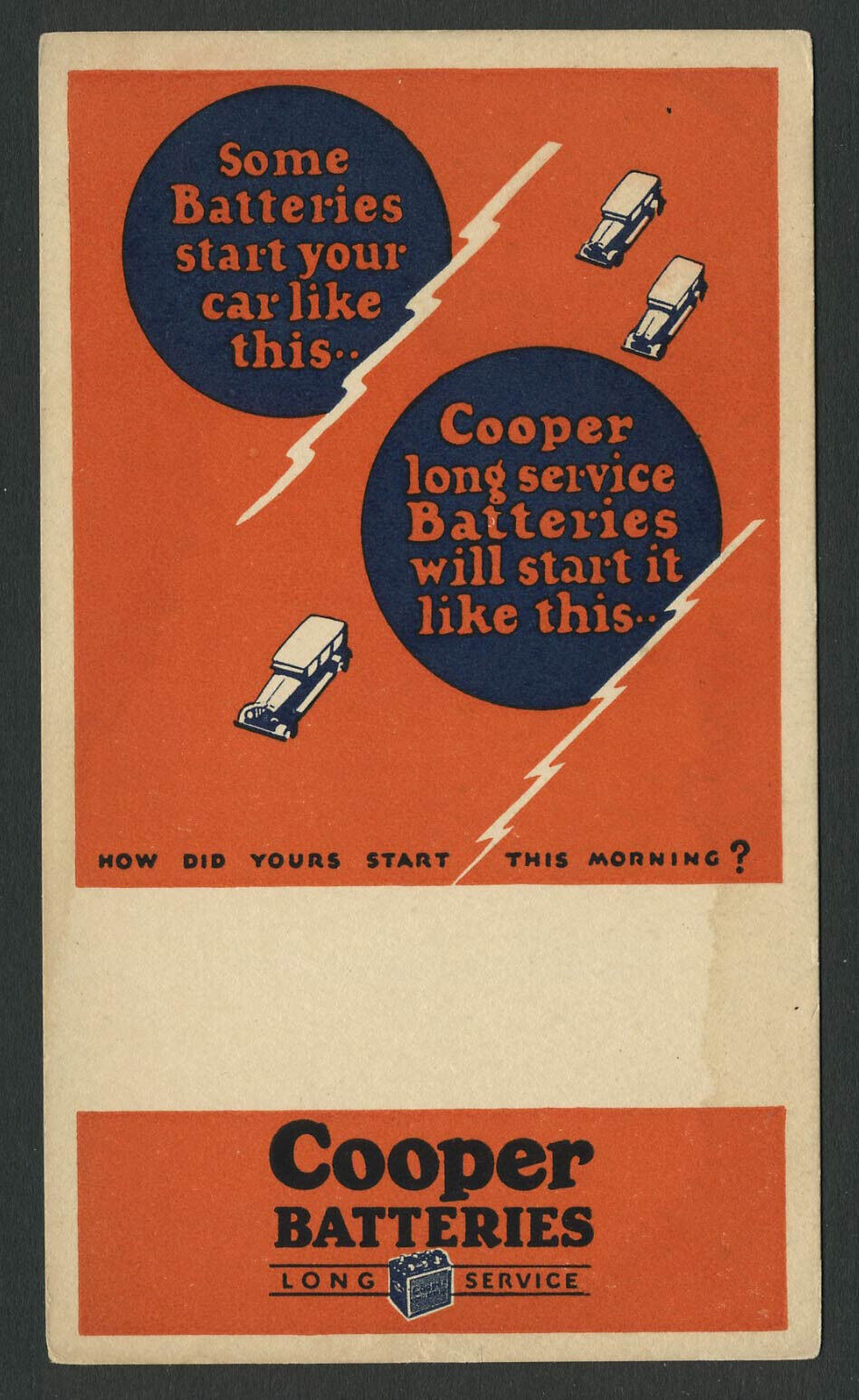 Rare 1920s-30 Advertising Postcard UX27 Postal Card COOPER BATTERIES (Tire Co.)
