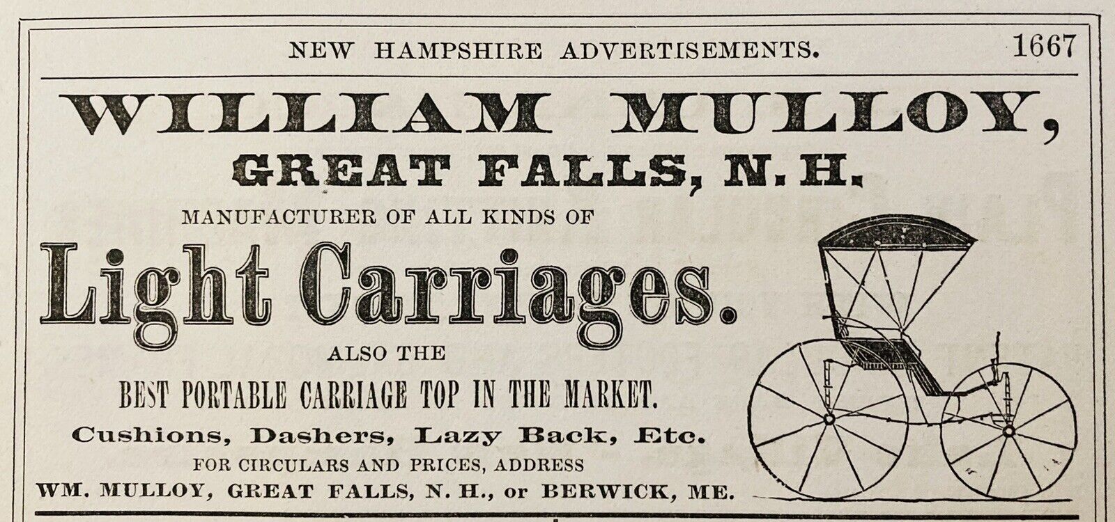 1883 AD(N18)~WILLIAM MULLOY CO. GREAT FALLS, NH. LIGHT CARRIAGES MFG. CO.