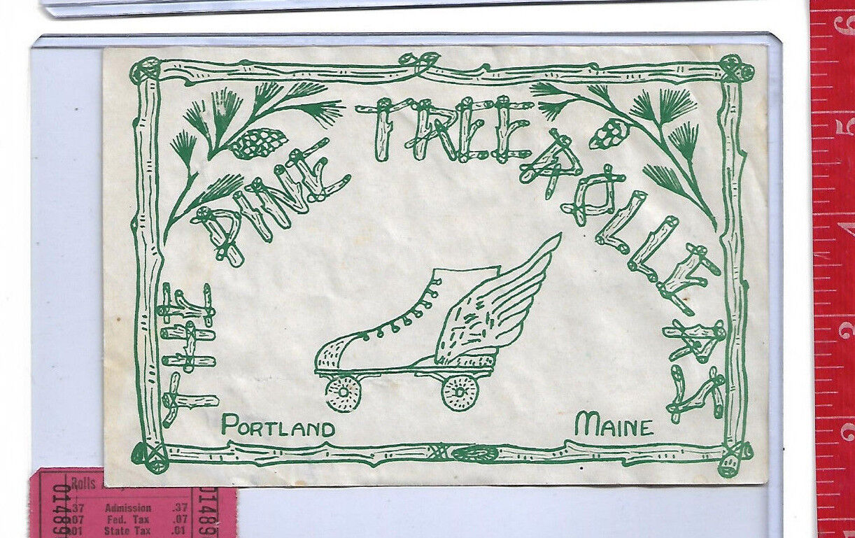 vintage lot roller rink decal Pine Tree Rollers Portland Mn. & ticket