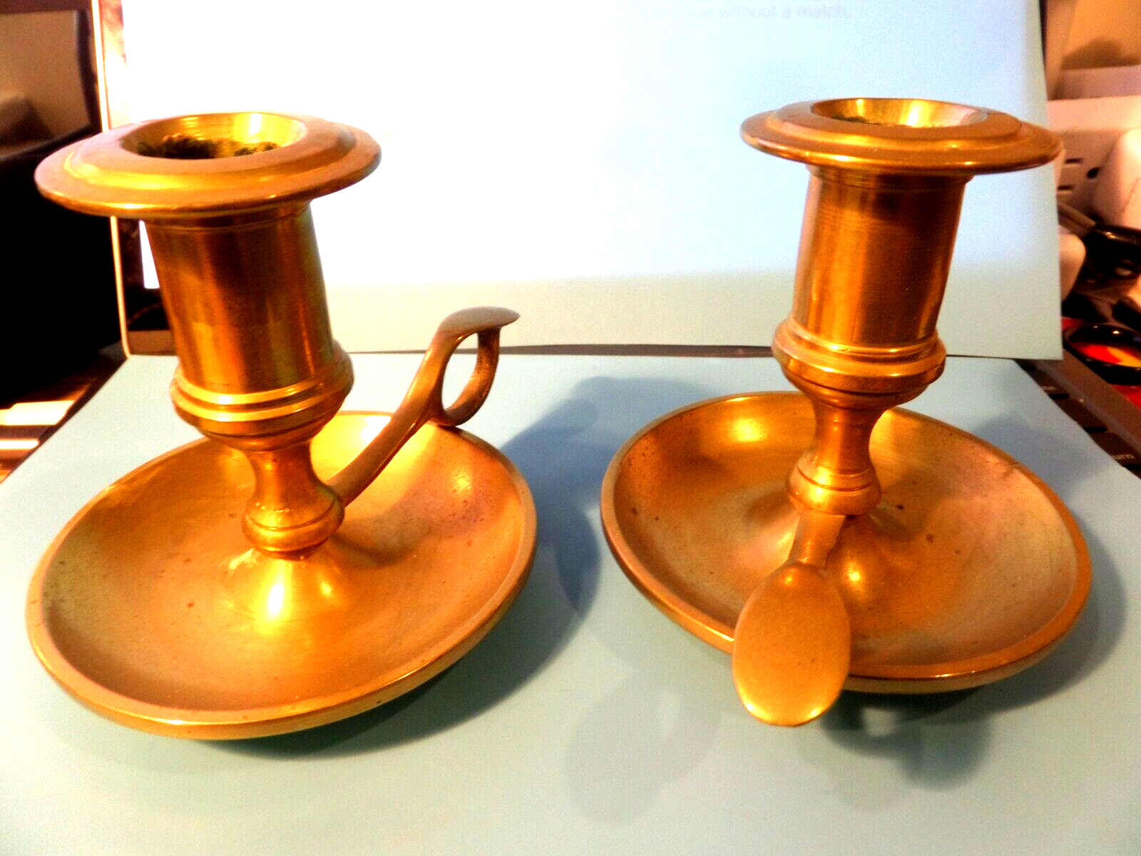 PAIR OF VINTAGE HEAVY DUTY  CANDLE HOLDERS WITH HANDLE