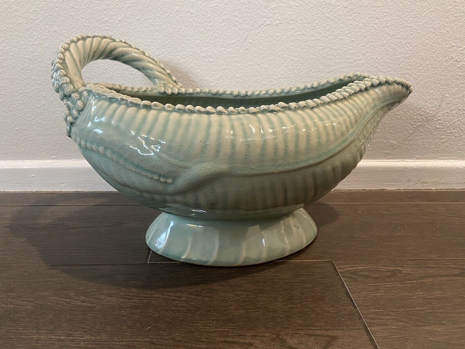 Maitland Smith  Green Vase With Decorative Handle And Spout.
