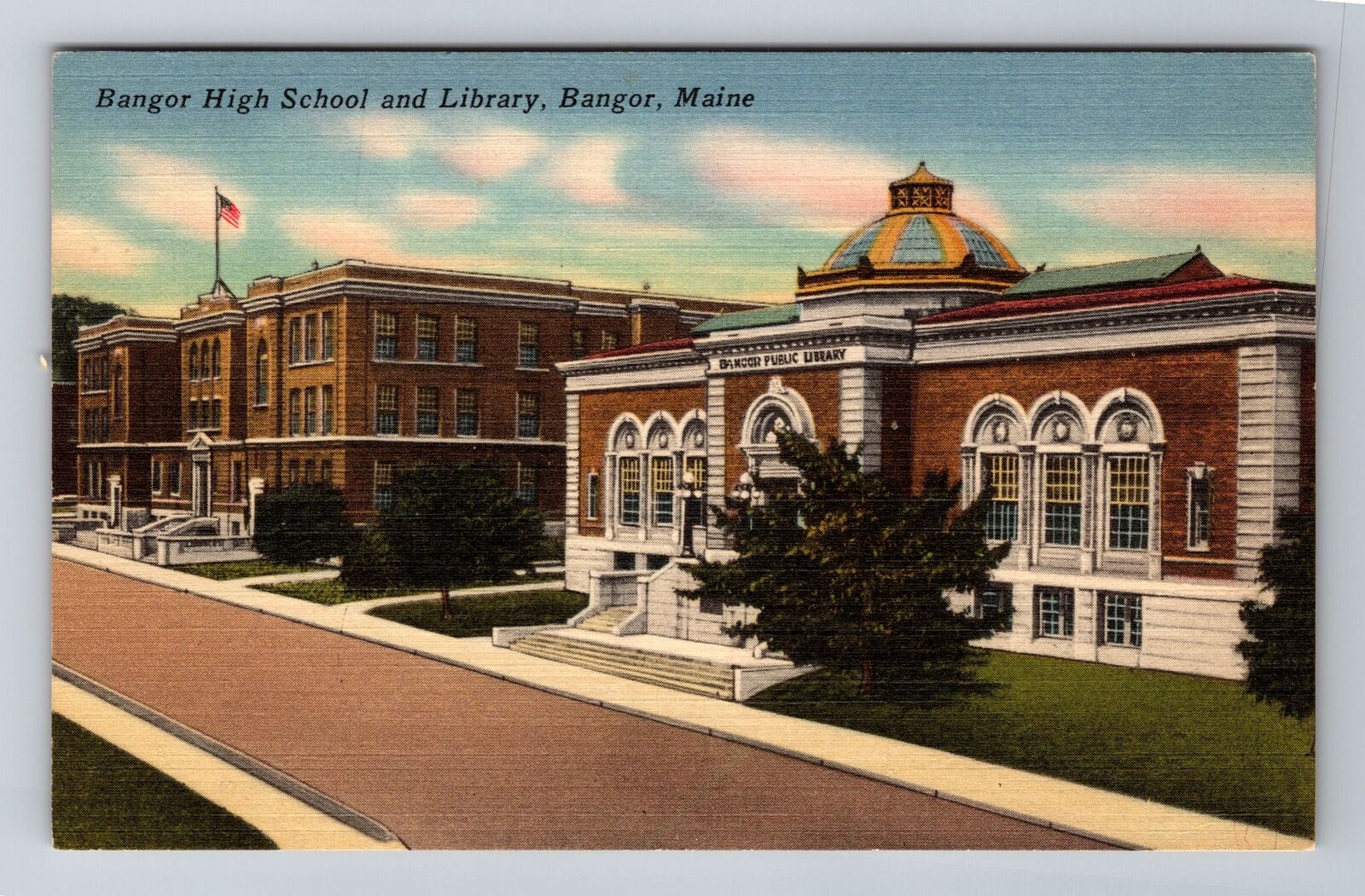 Bangor ME-Maine, Bangor High School, & Library, Antique Vintage Postcard