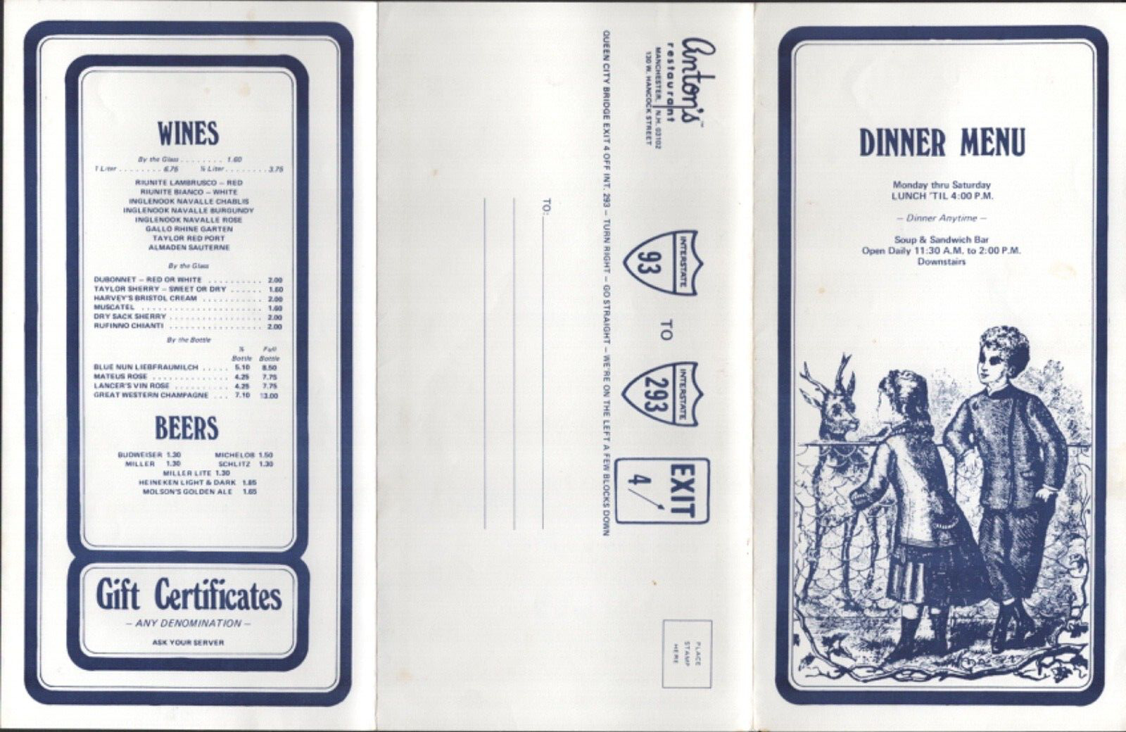 1980s ANTON'S RESTAURANT vintage souvenir dinner menu MANCHESTER, NEW HAMPSHIRE