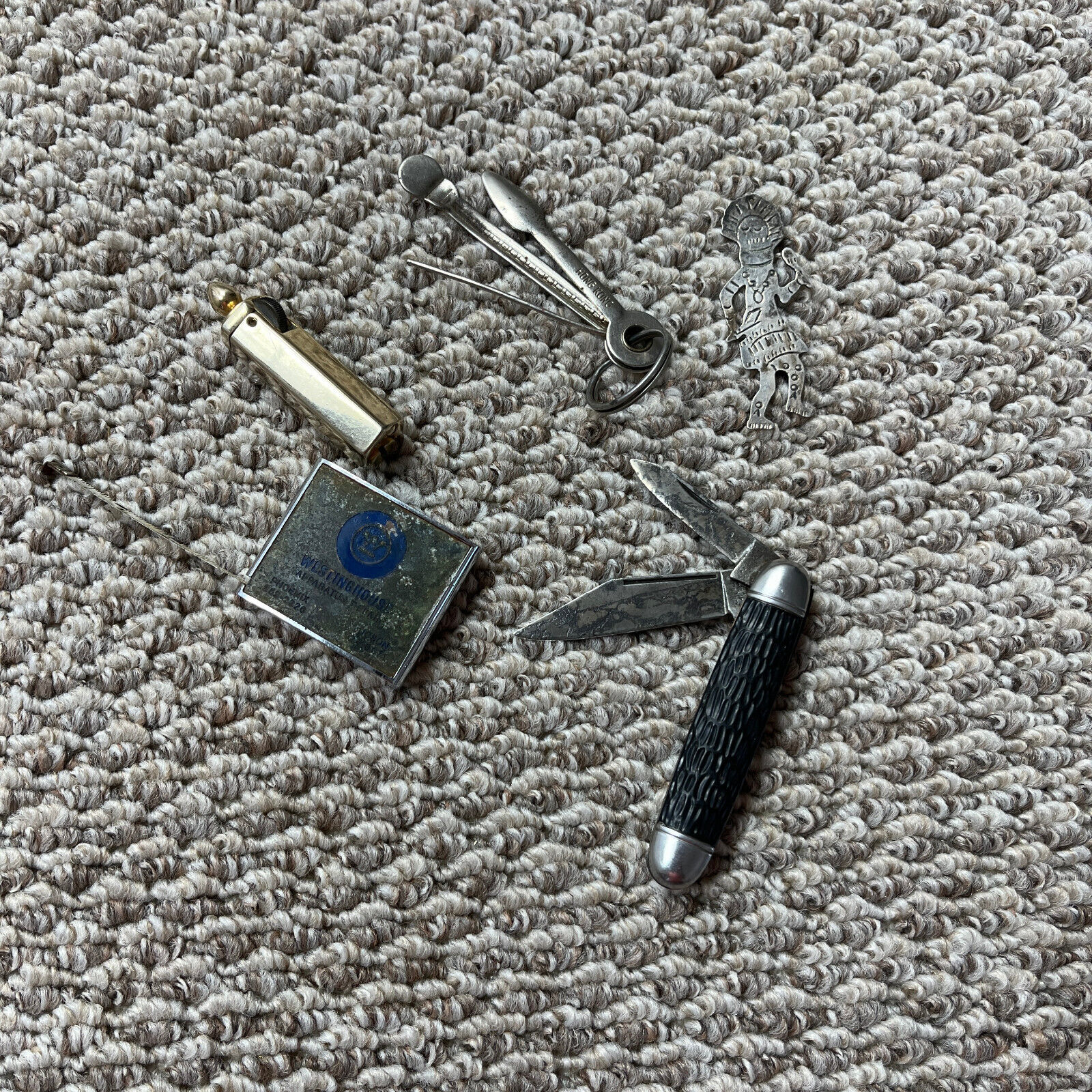 Vintage Junk Drawer Lot Pocket Knife Lighter Tape Measure Kachina Trinkets Stuff