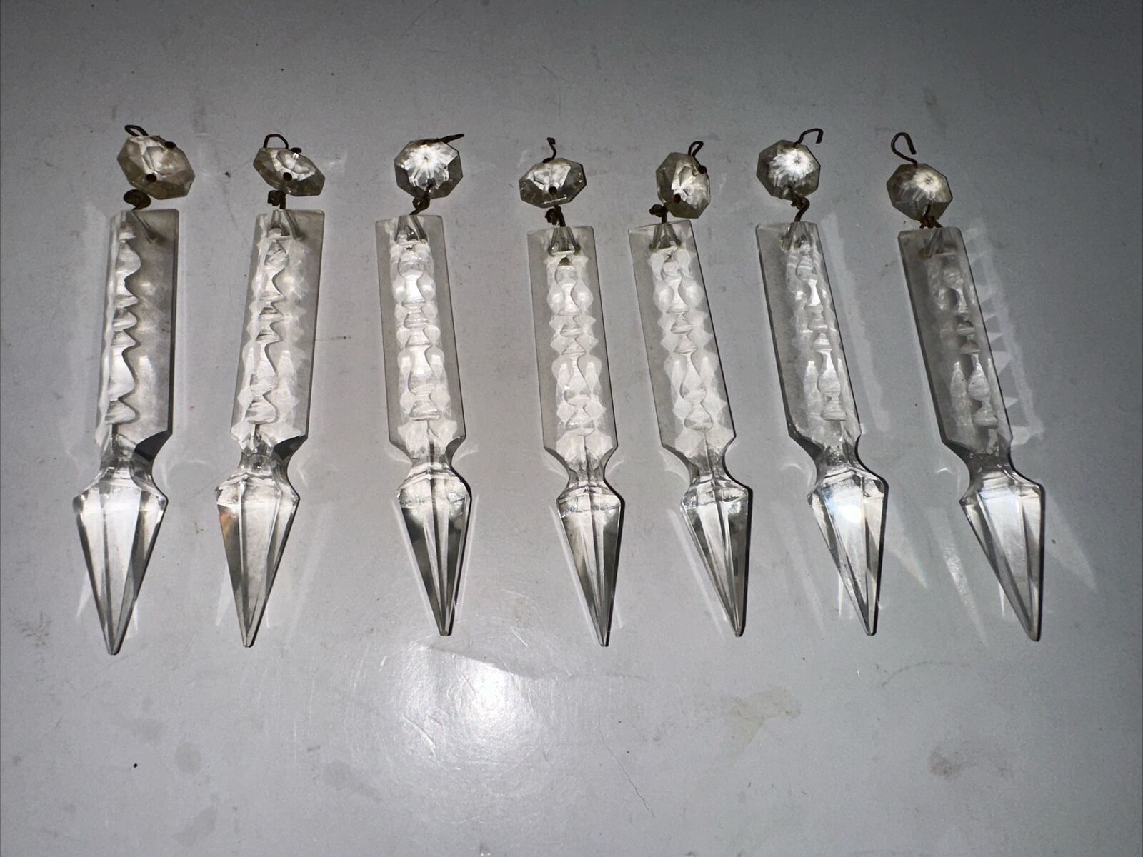 7 Antique Crystal Glass French Cut Spear Prisms