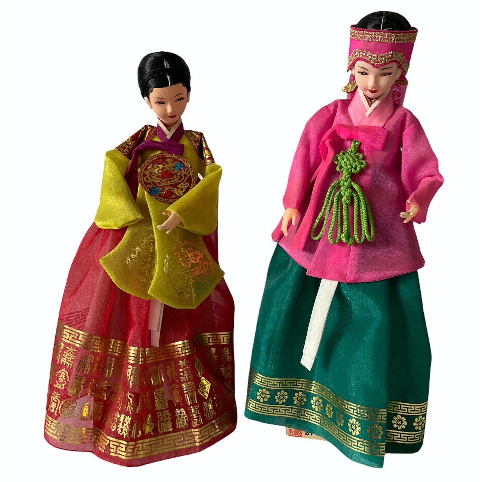 Vintage Xu's Workshop Asian Oriental Dolls Figurines on Wooden Stand 12” Set 2