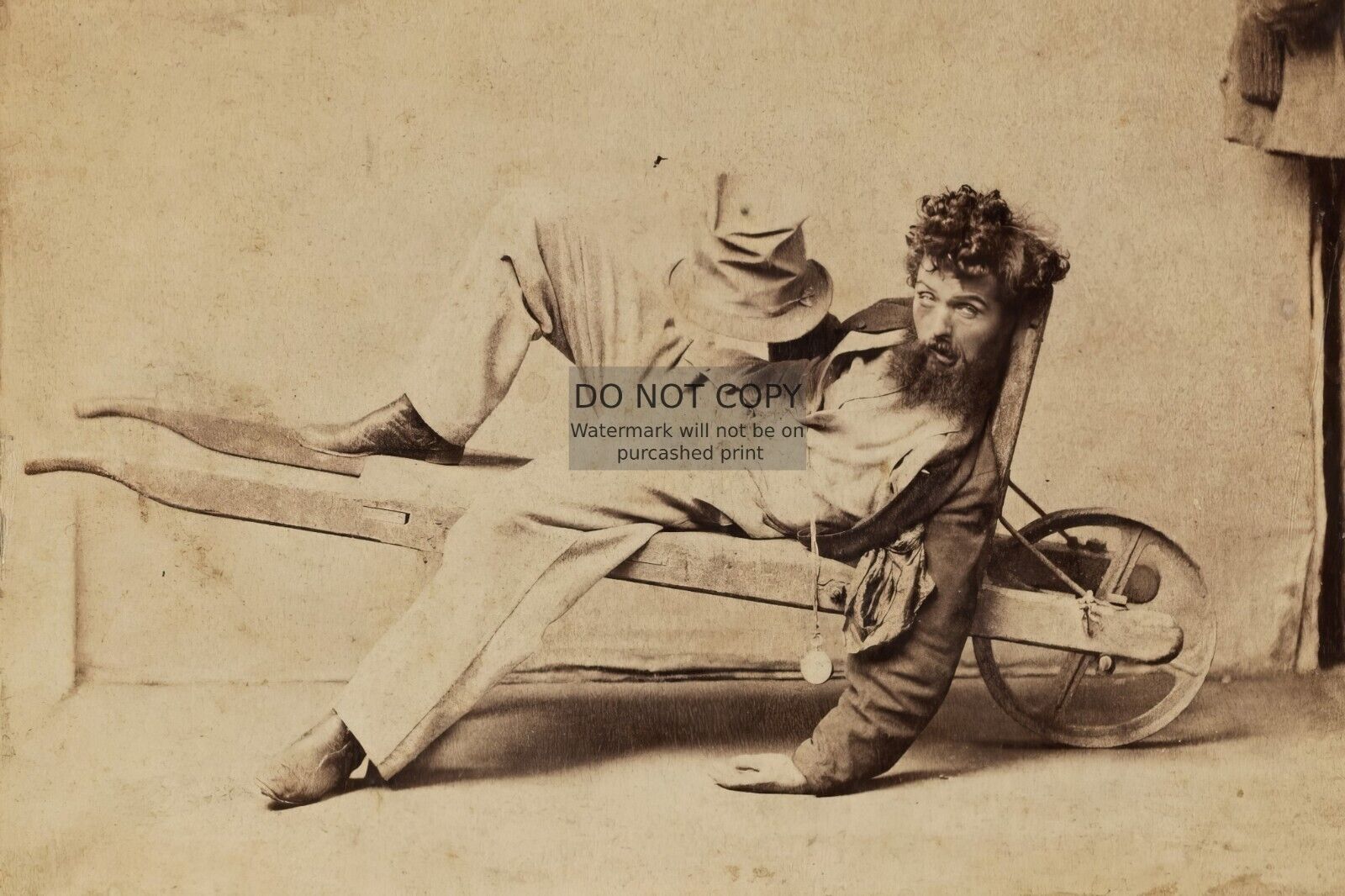 DRUNK MAN LAYING PASSED OUT IN WHEELBARROW VINTAGE 1800s 4X6 PHOTO POSTCARD