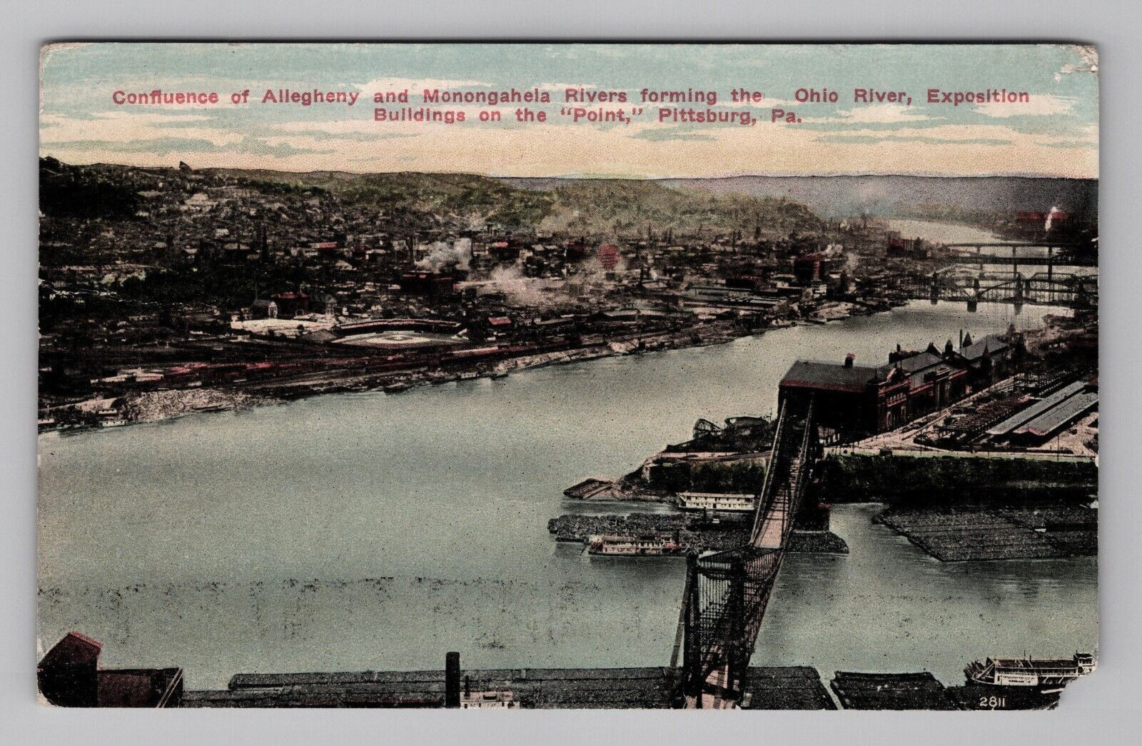 Postcard 1911 PA Ohio River Bridge Docks City Aerial View Pittsburg Pennsylvania