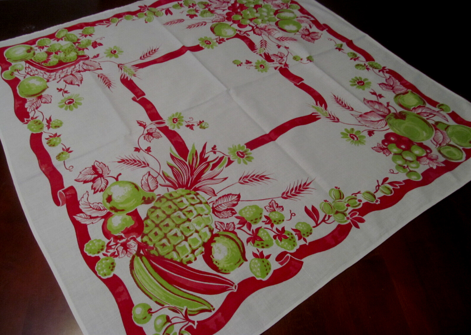 Red Lime Green Vintage FRUIT Cotton Print Tablecloth~Pineapple~Strawberry Basket