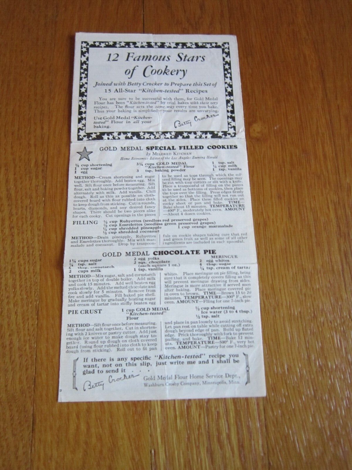 Vtg 1930's Betty Crocker Gold Medal Flour Recipe Sheet, Coupons Insert Rare