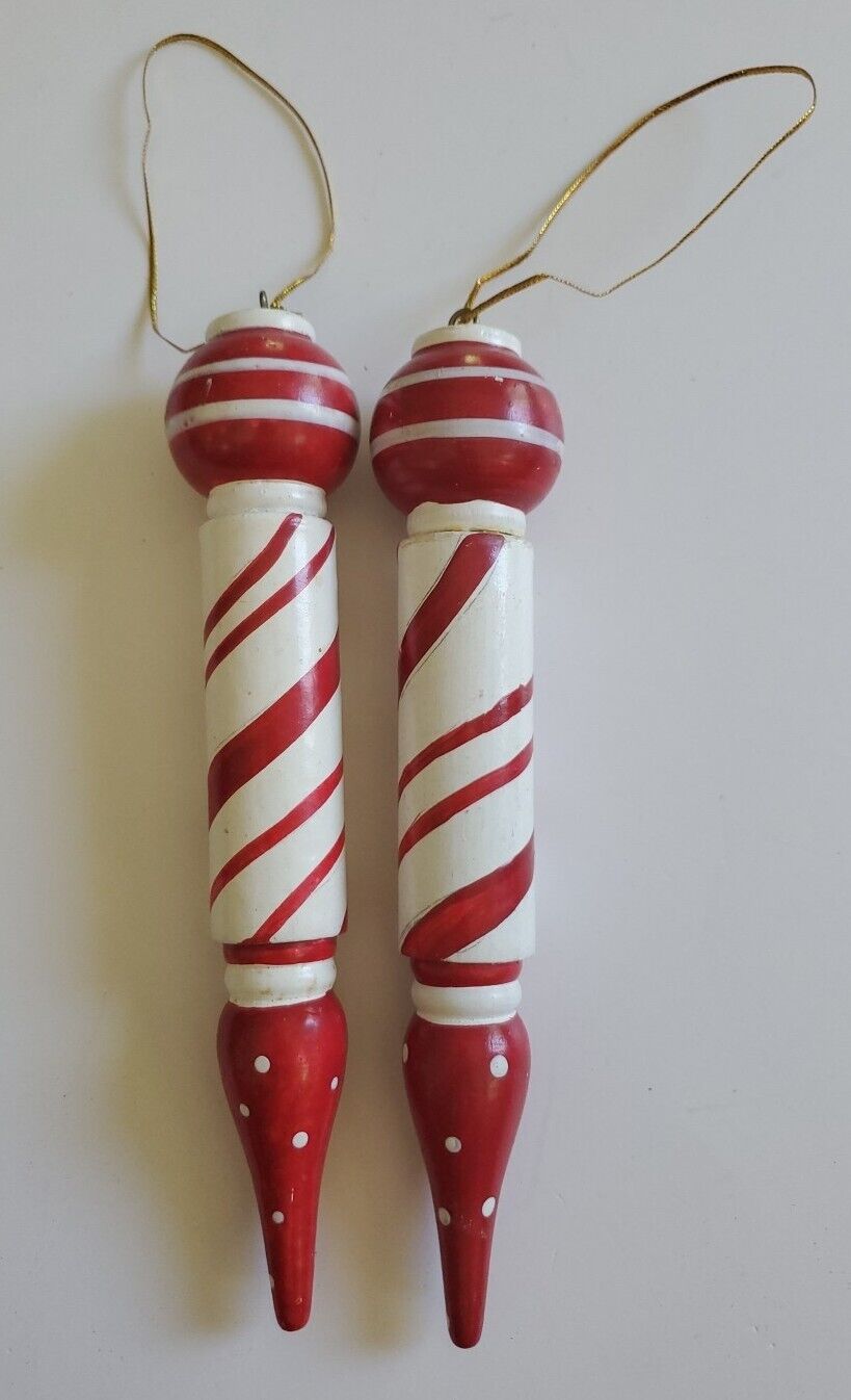 Vintage Christmas Tree Ornaments Wood Red White Striped Candy Cane 7”