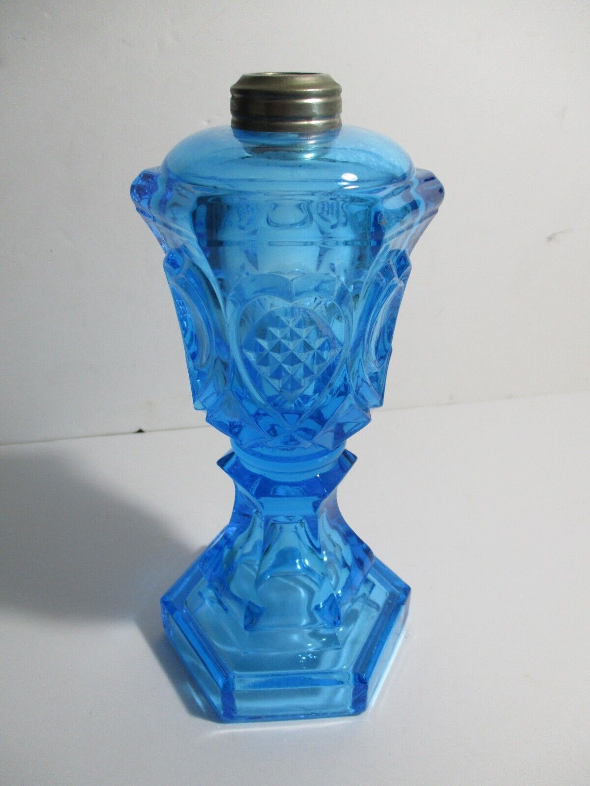 Vintage Boston Sandwich Style Hearts & Diamond Pattern Blue Glass Oil Lamp  b