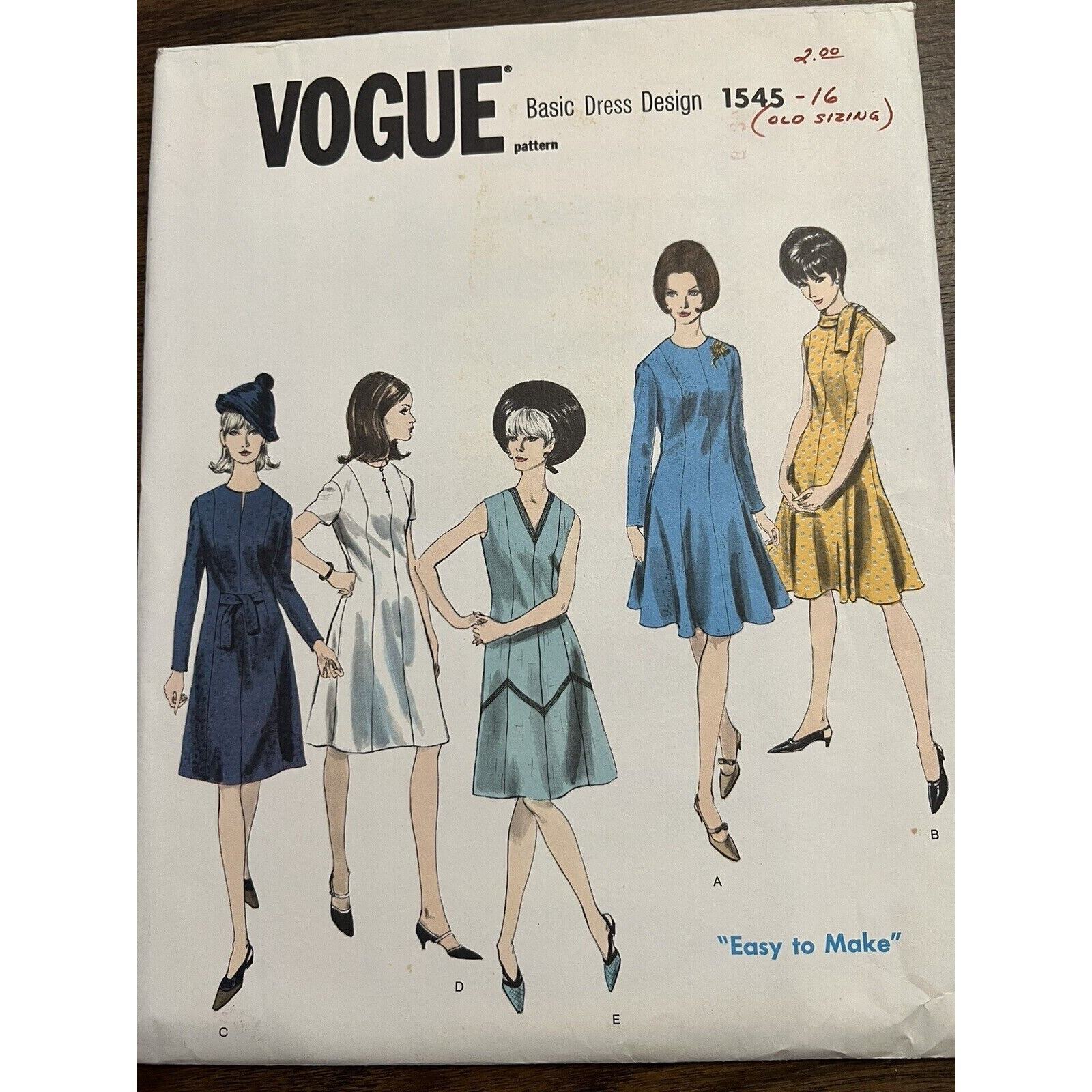 Vintage Vogue Basic Design 1545 Sewing Pattern Sz 16 1960s Dress 60s RARE