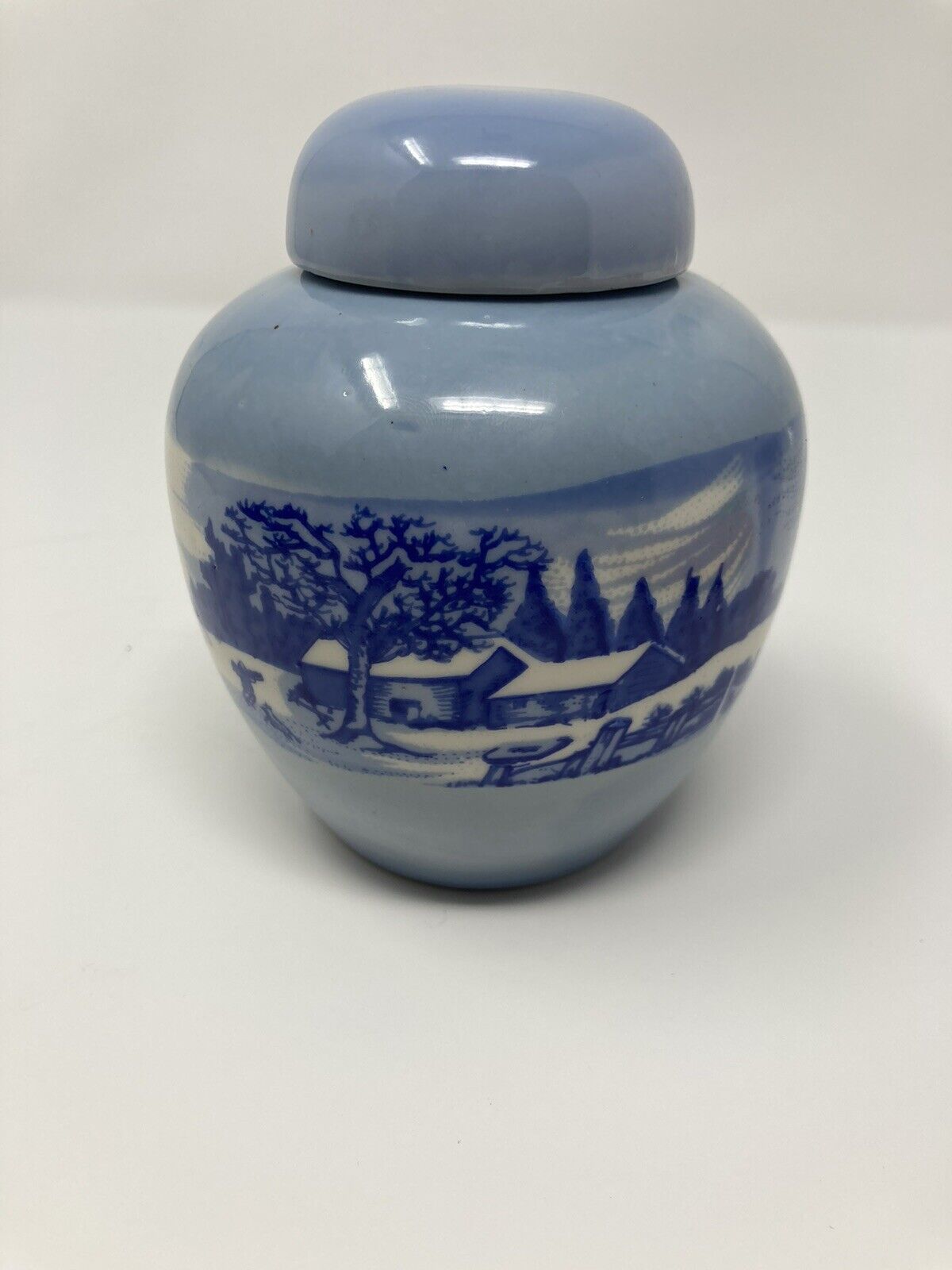 Chinese Ginger Pot With Lid 5” With A Winter Scene Blue And White In Color