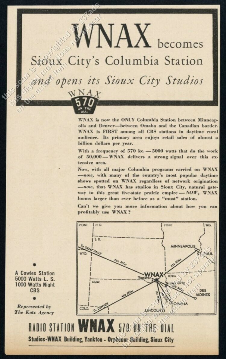 1939 WNAX radio station Sioux City SD art scarce vintage trade print ad