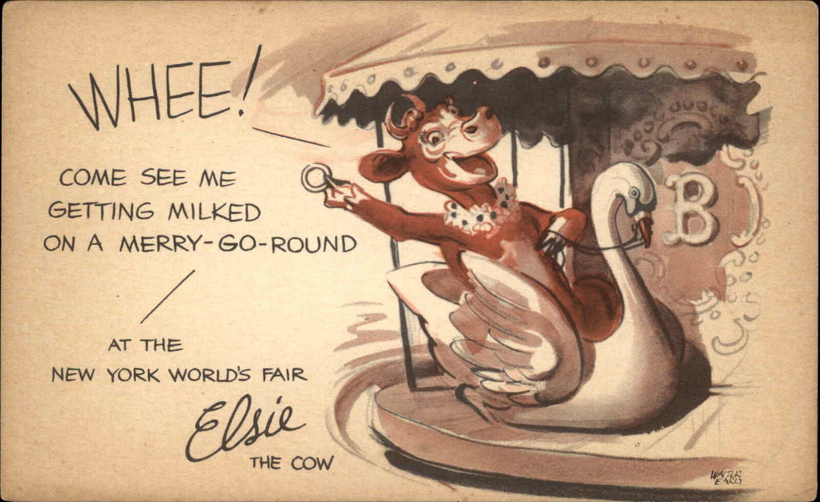 A/S Early 1939 NY World\'s Fair Elsie Cow on Merry Go Round Vintage Postcard