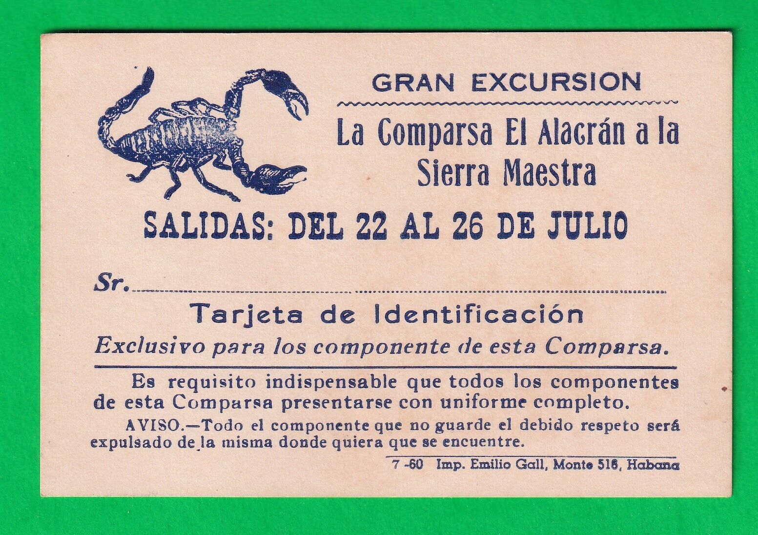 Cuba identification card of the musical troupe \