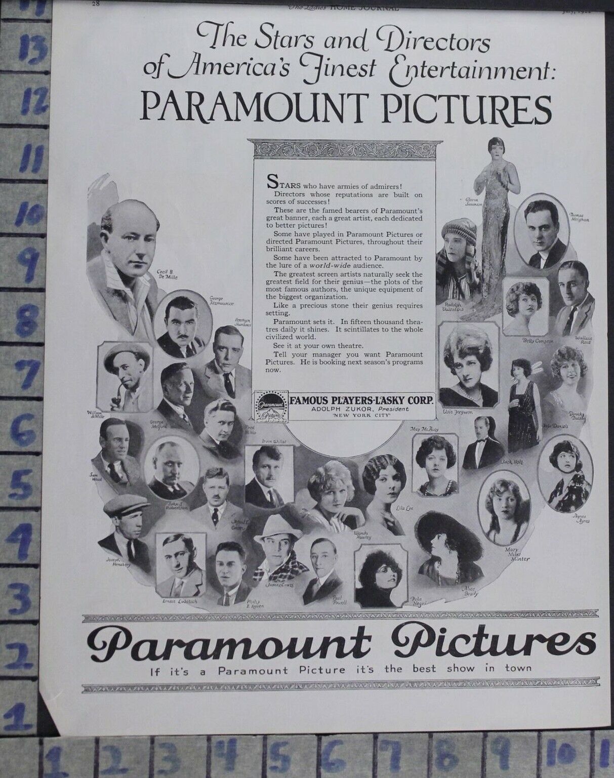 1922 PARAMOUNT PICTURE DIRECTOR ENTERTAINMENT MOVIE STAR FILM VINTAGE AD  BP35