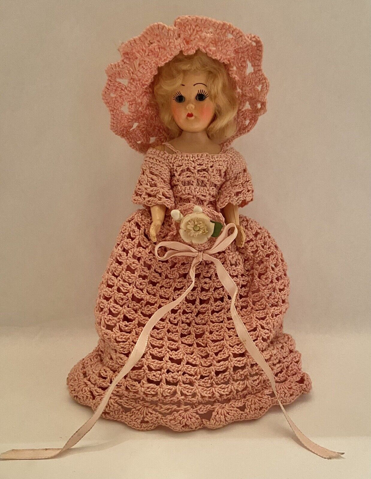 Vintage Blonde Lingerie Lou Doll-Pink Crocheted Hat & Dress-7 Inches-1950s
