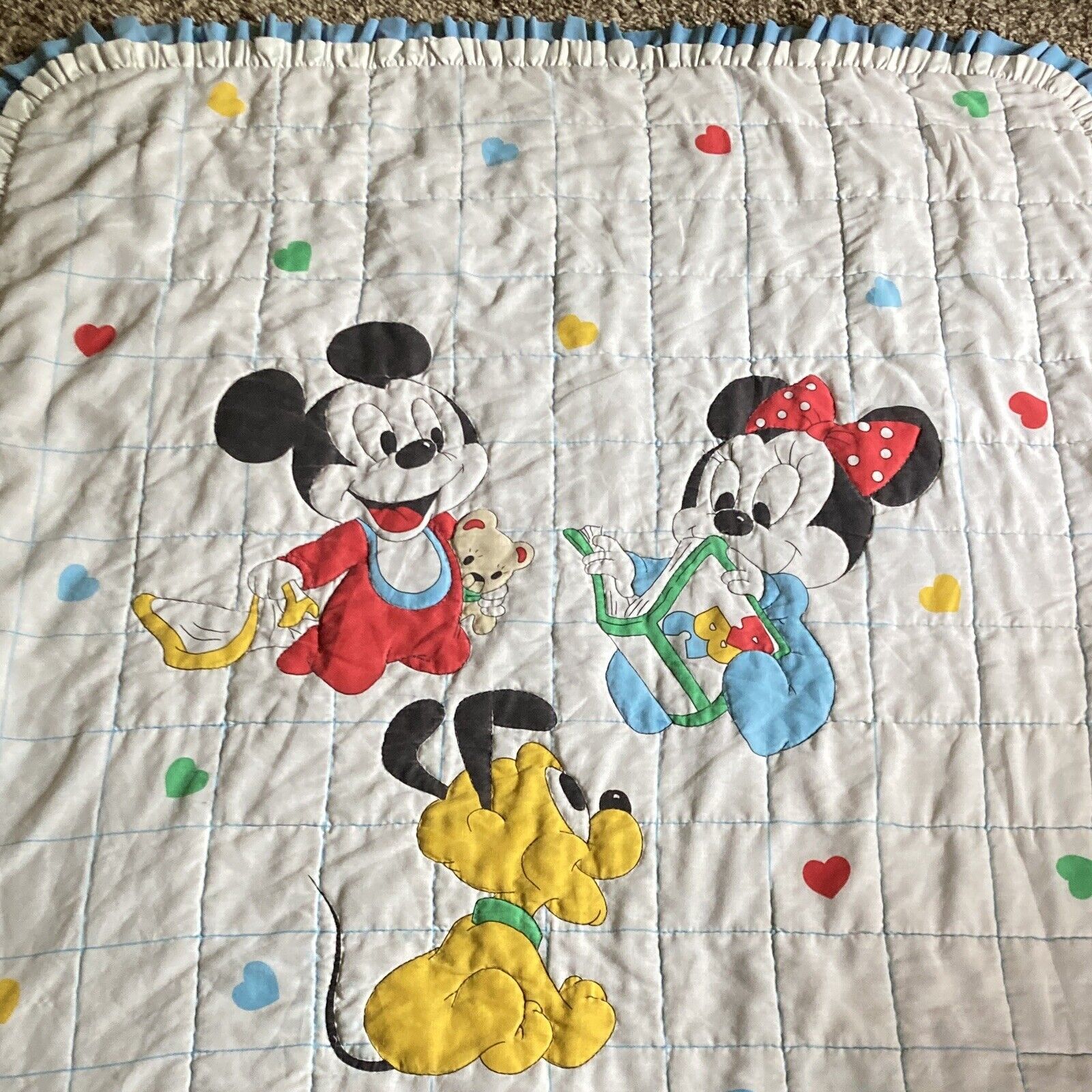 Vintage Disney Baby Mickey Minnie Pluto Hand Stitched Quilt 46 Inches 37 Inches