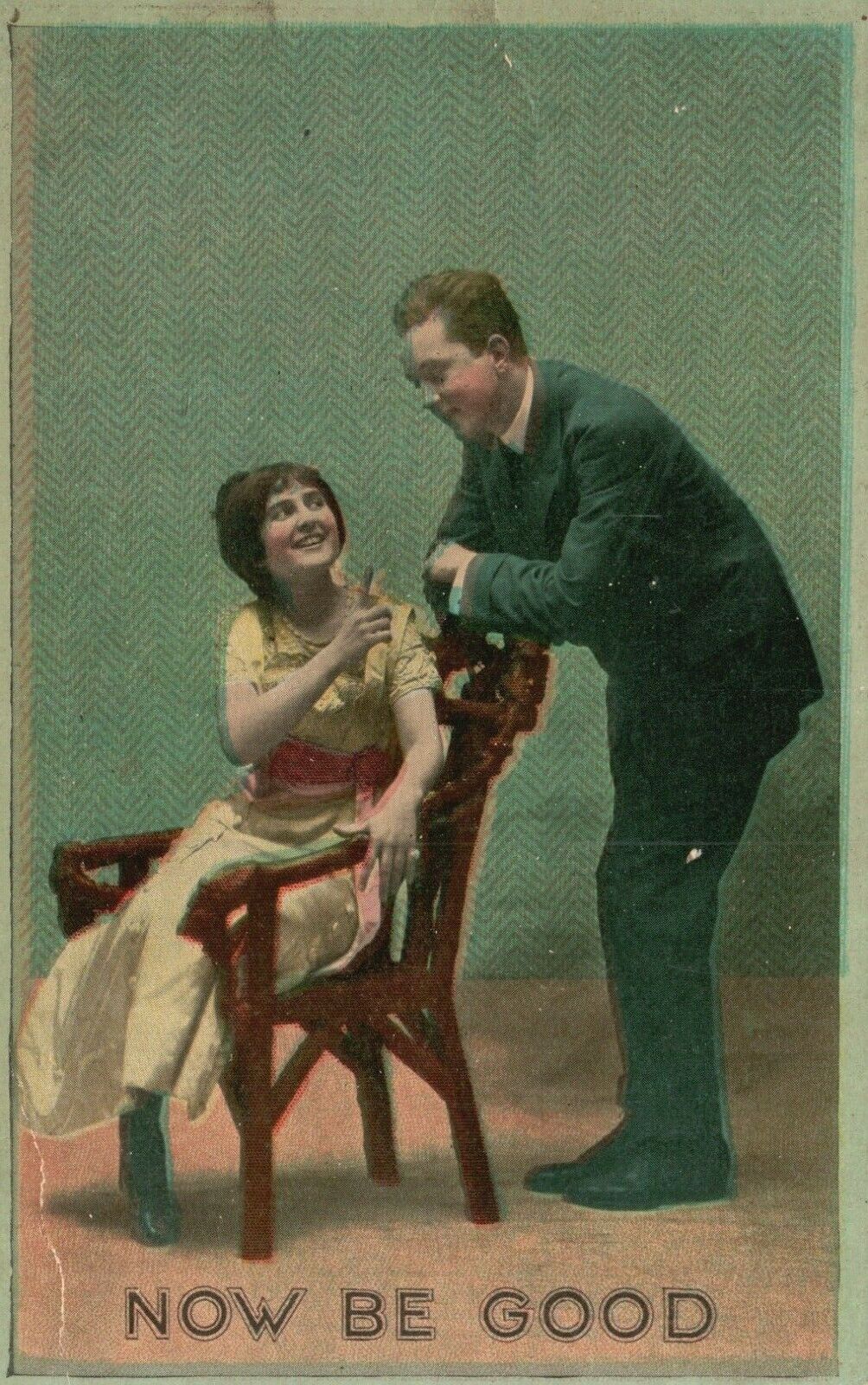Vintage Postcard 1912 Now Be Good Woman Speaking with Man in Room Courting Love