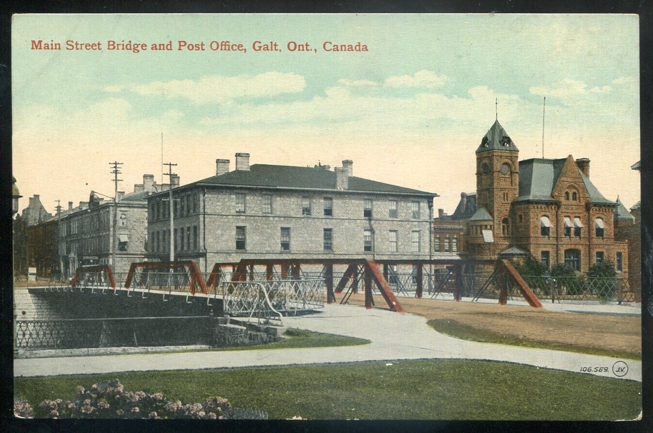 GALT Ontario Postcard 1910s Main Street Bridge Post Office