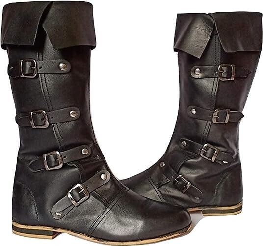 Medieval Leather Boots 4 Buckle | Renaissance Loafer Long Boot Pirate Costume