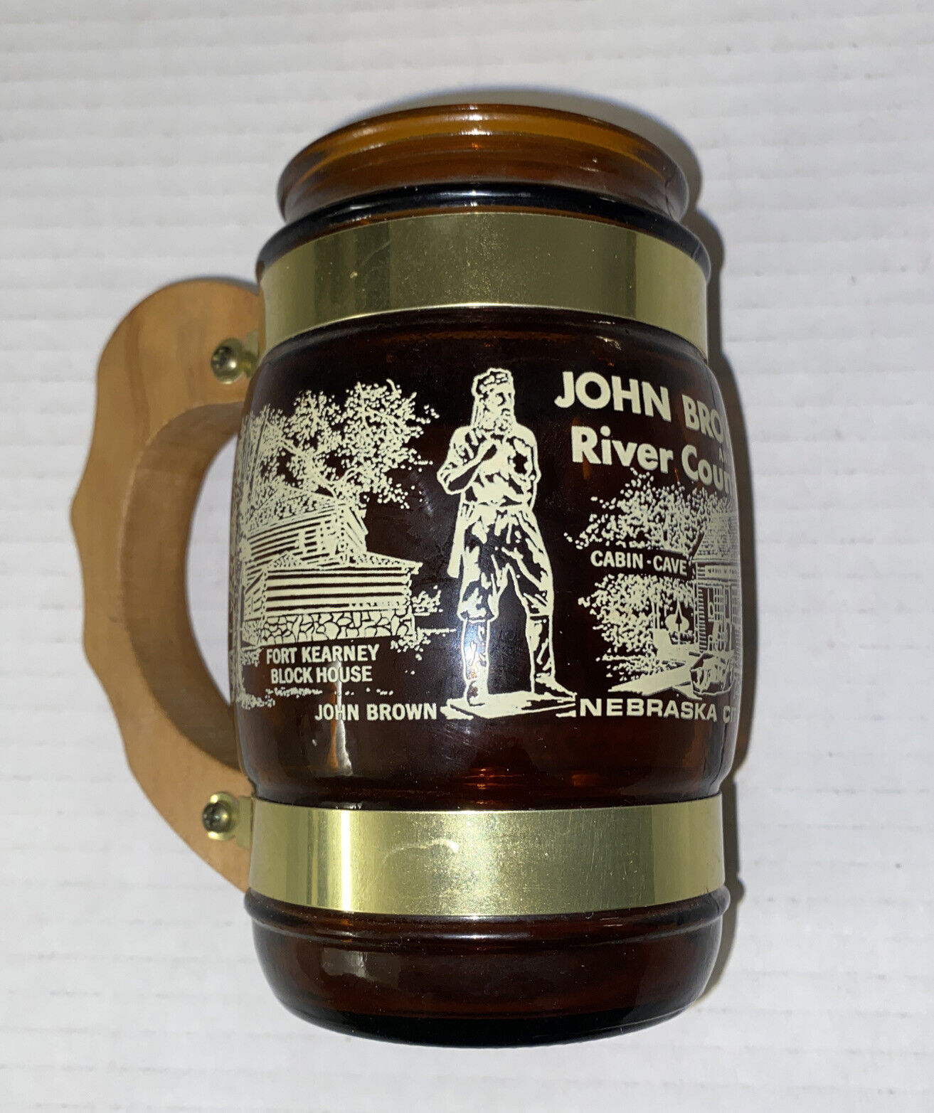 Vintage John Brown’s Cave Nebraska Wood Handle Glass Mug River Country Otoe