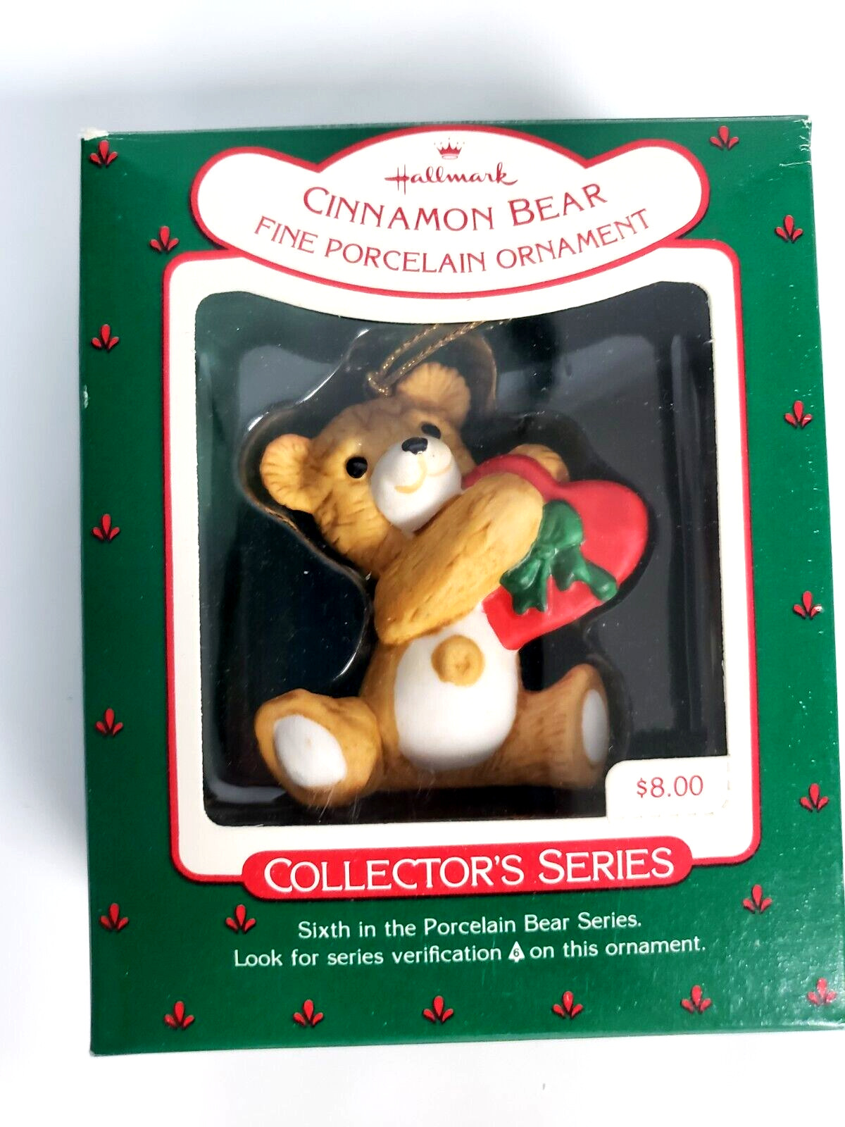 Hallmark CINNAMON BEAR  HEART no 6 Porcelain 1988 box tag Christmas ornament