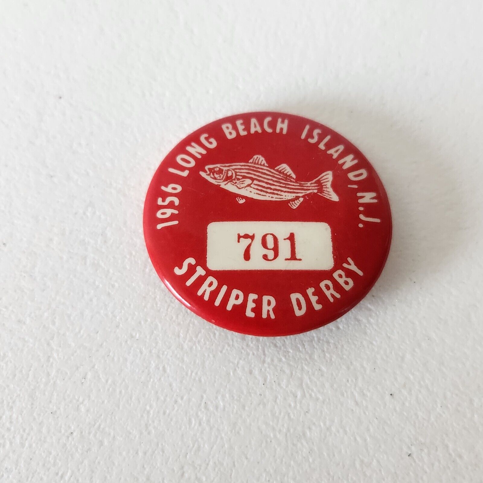 Vtg Striped Bass Derby Button Pin 1956 Long Beach Island Striper Tournament