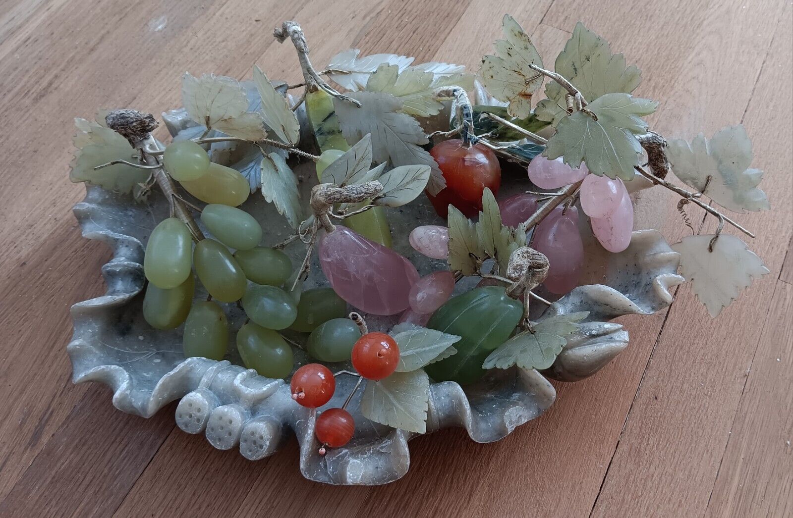 Lot 7 Vtg Polished Semi Precious Stone Fruits, Cherries, Pear, Grapes & Platter