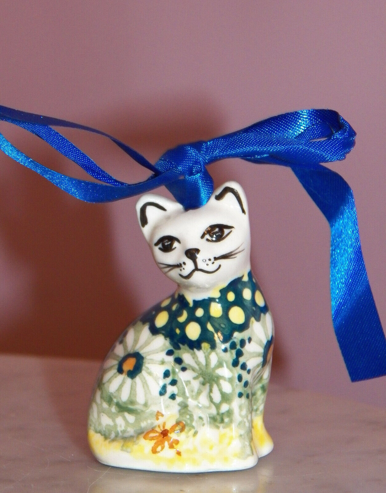 Polish Pottery Cat Ornament  UNIKAT Signature Exclusive Miss Daisy Pattern