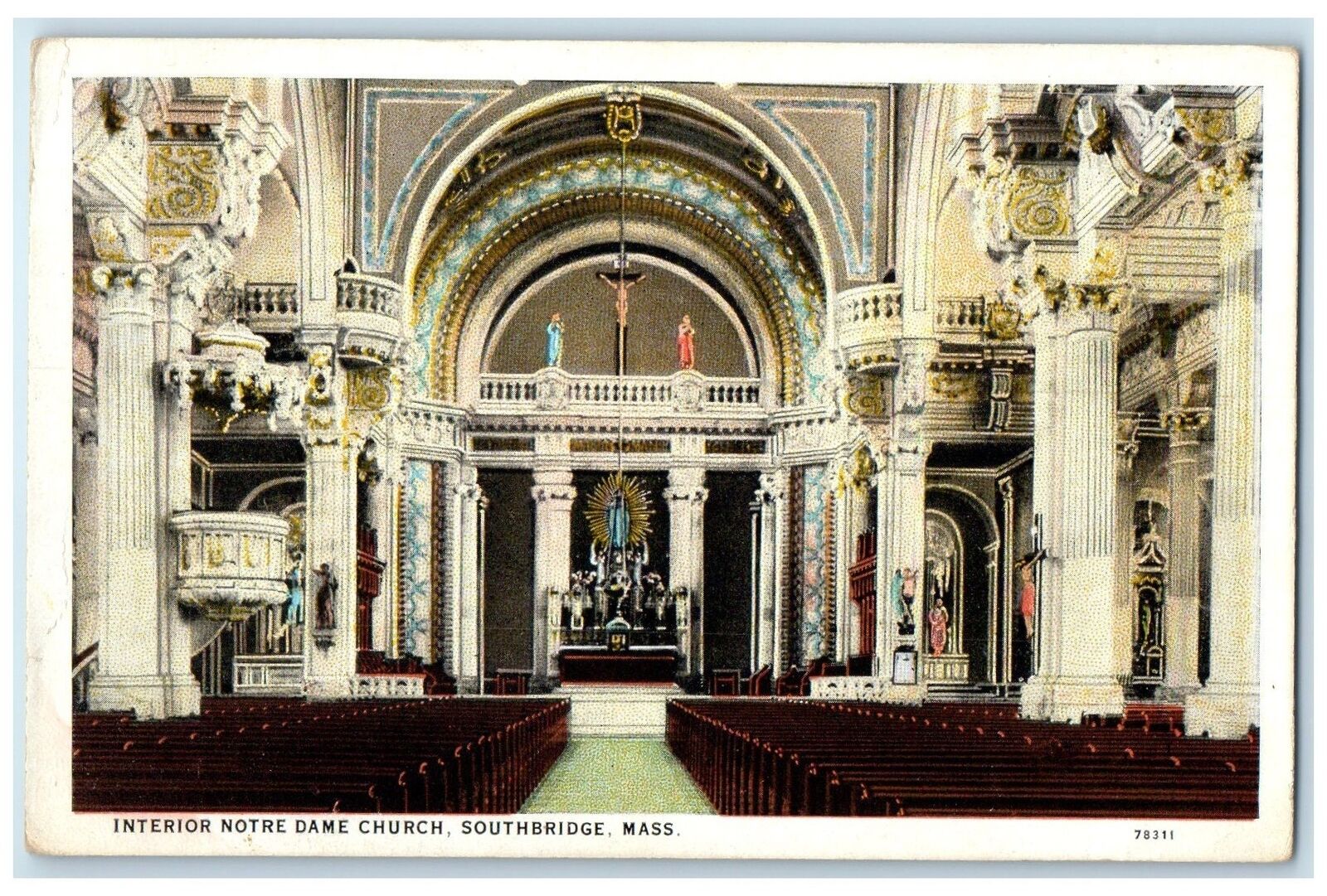 c1920's Interior Notre Dame Church Exterior Southbridge MA Unposted Postcard