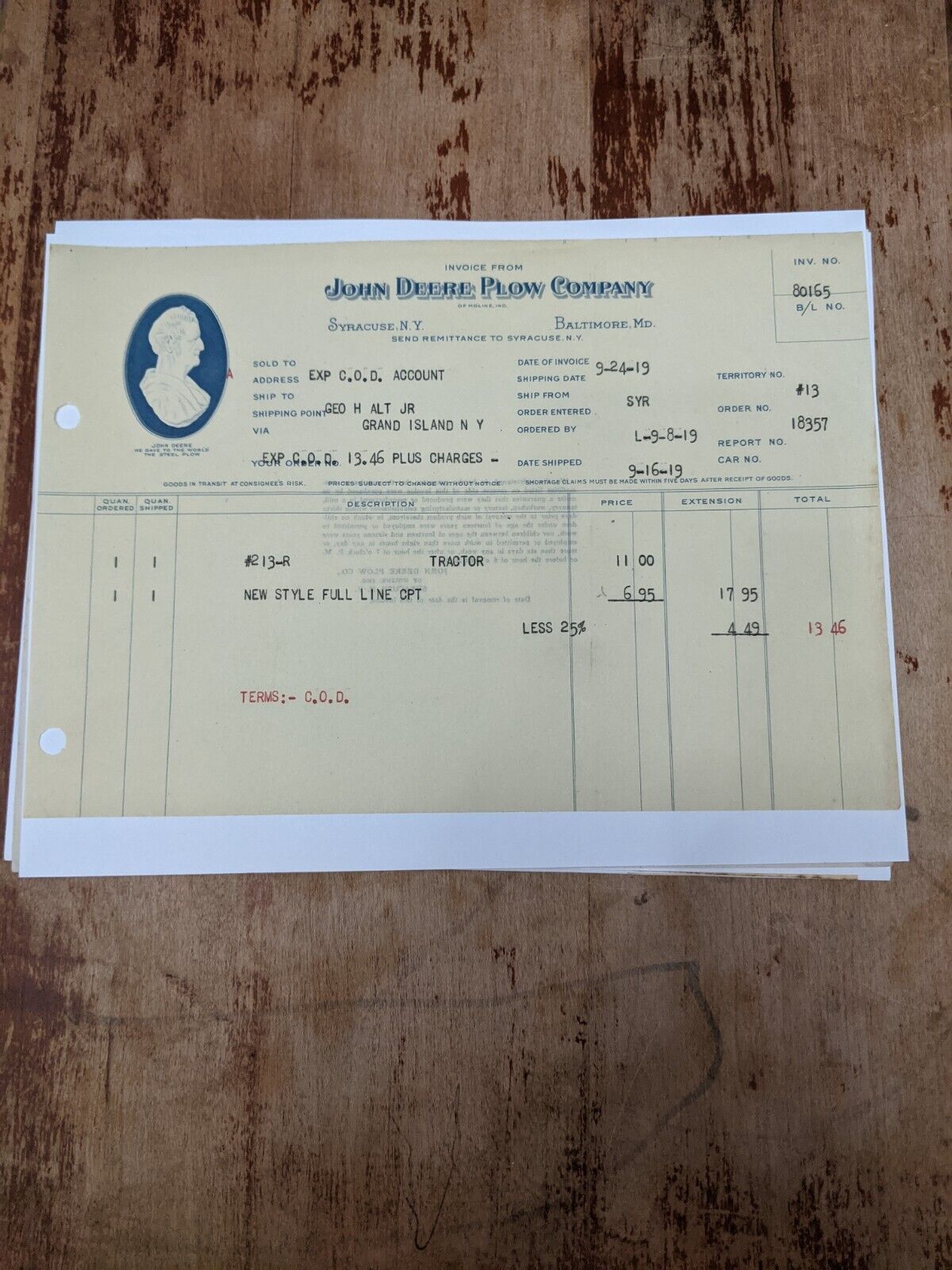 1919 JOHN DEERE PLOW COMPANY invoice