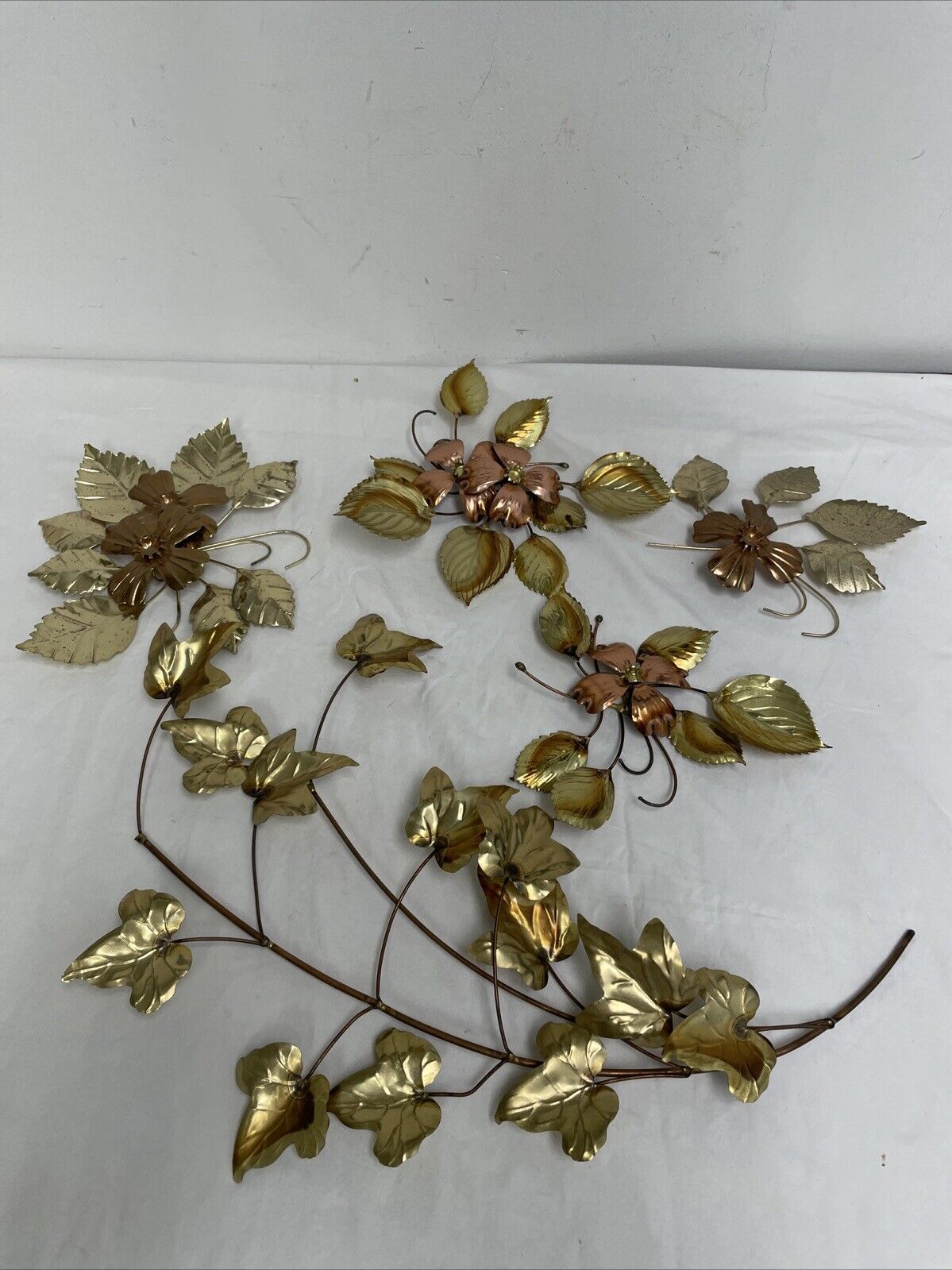 VTG 5 Pc Metal Wall Decor Leaves Ivy Leaf Branch Brass Gold Tone Flowers Homco