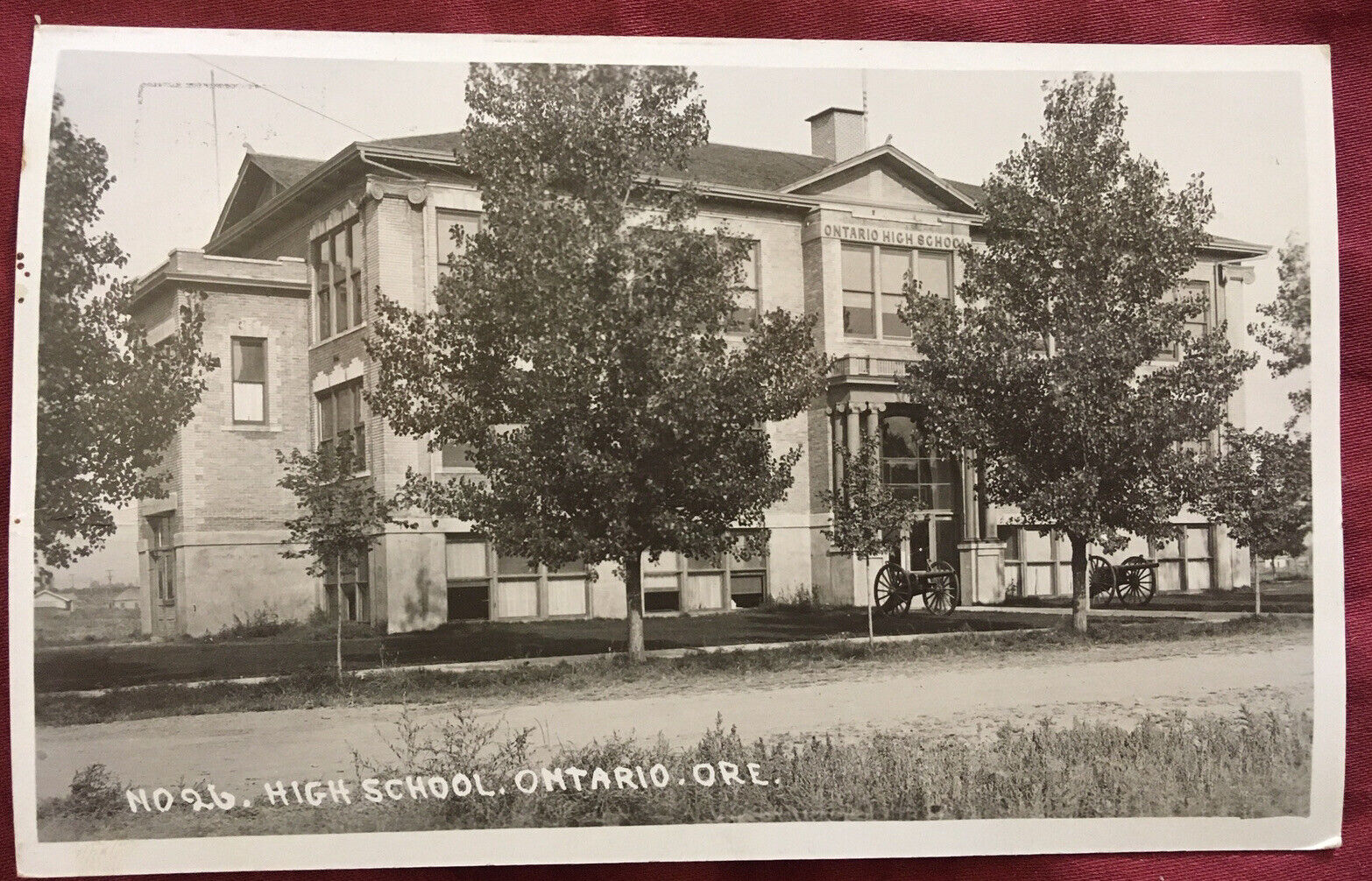 Ontario Oregon RPPC Real Photo Postcard High School Cannons Trees Used