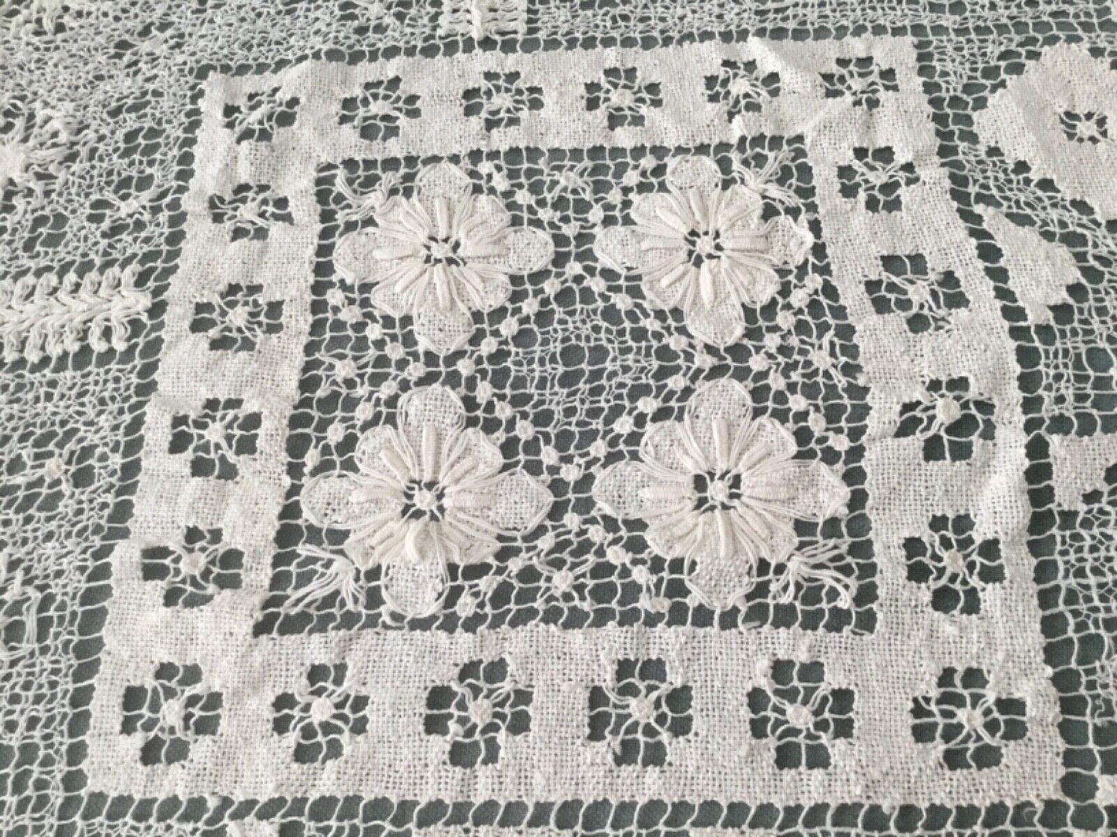 Vintage Tablecloth Hand Crochet Lace  Cotton 62” x 82”