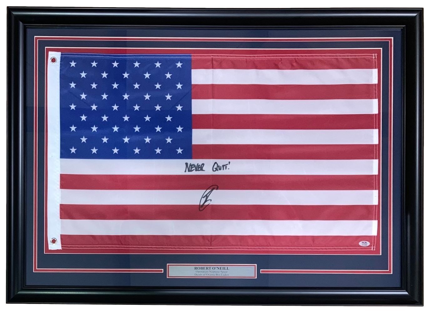 Robert O'Neill Signed Framed American Flag Never Quit Inscribed PSA ITP Hologram
