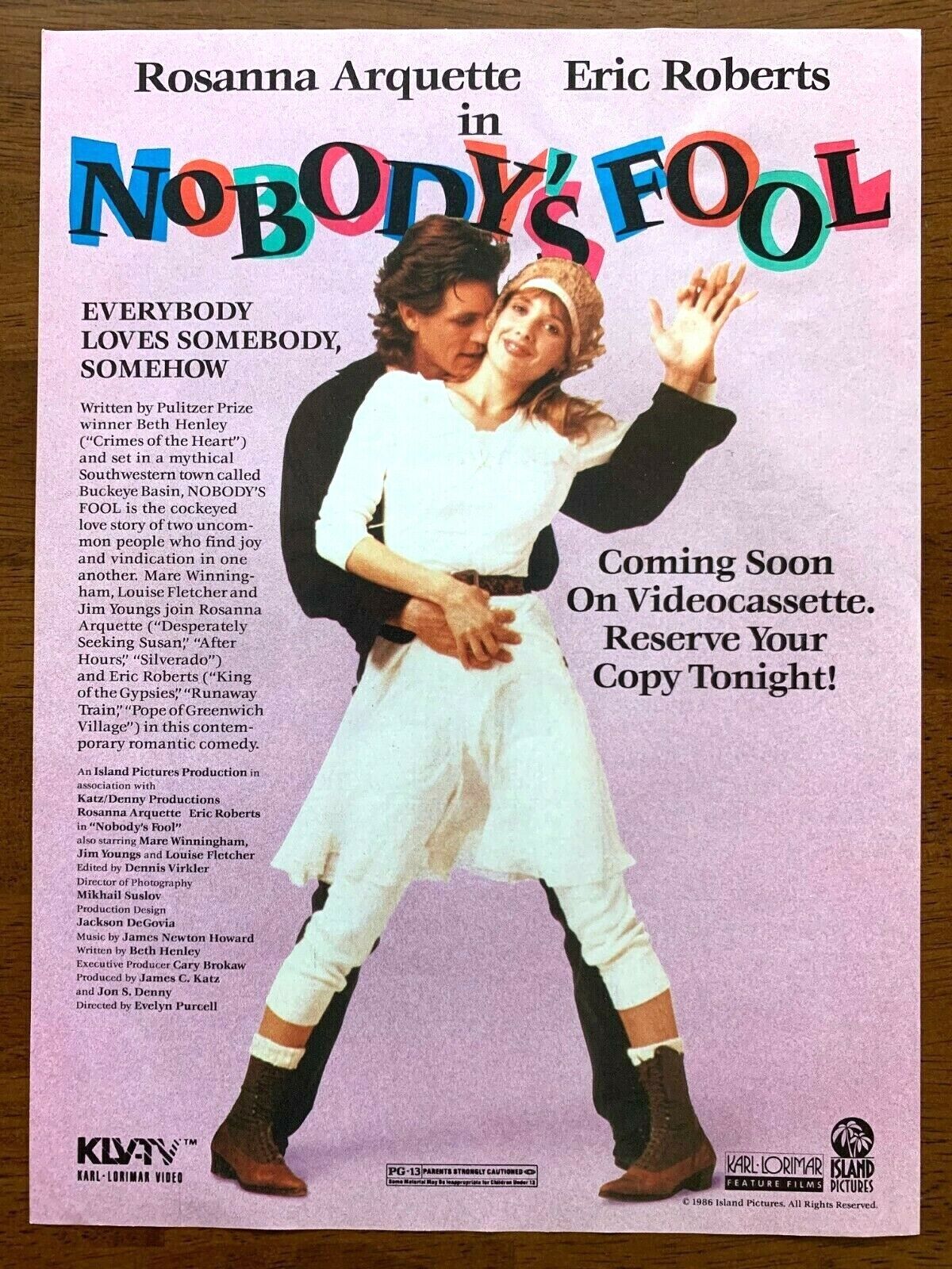 1987 Nobody\'s Fool Vintage Movie Print Ad/Poster Rosanna Arquette Eric Roberts 