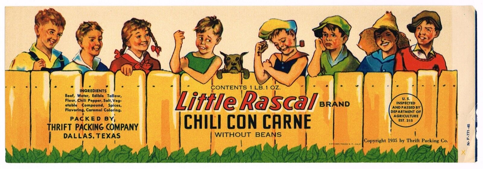 ORIGINAL CAN LABEL VINTAGE 1935 LITTLE RASCALS DALLAS TEXAS CHILI LITTLE DOG 2