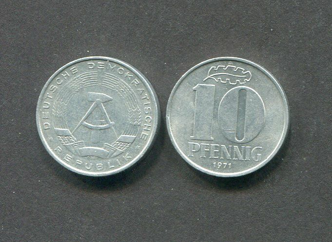 East German Germany DDR GDR 10 Pfennig 1971 Coin Currency Banknote Communist