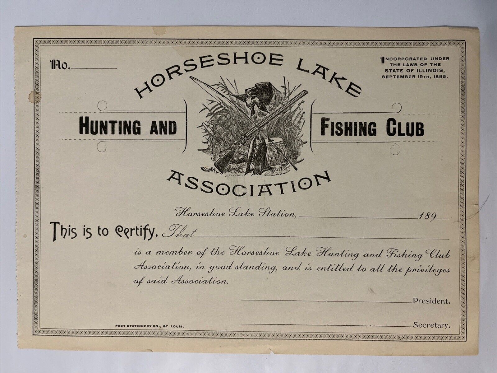 Horseshoe Lake Hunting and Fishing Club Association Certificate