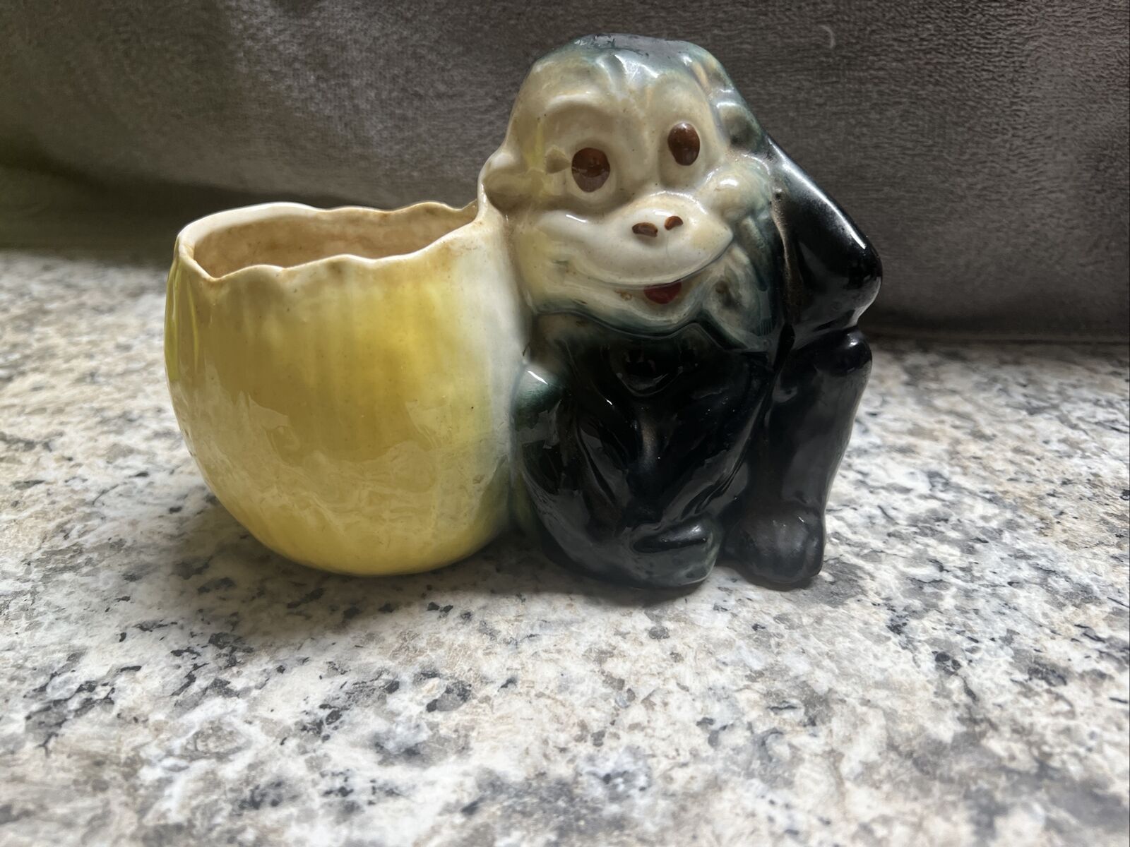 Vintage Ceramic Blue Green Monkey with Yellow Planter 