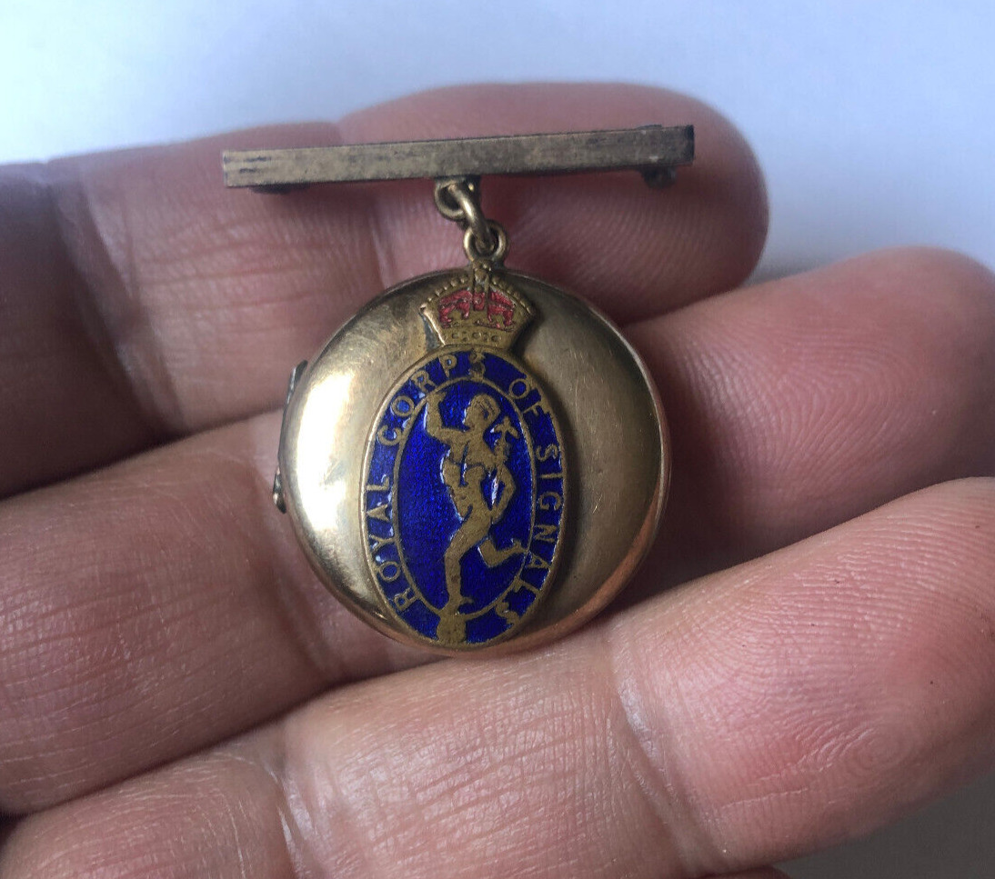 Antique Royal Corps of Signals Rolled Gold Sweetheart Photo Locket Brooch Pin