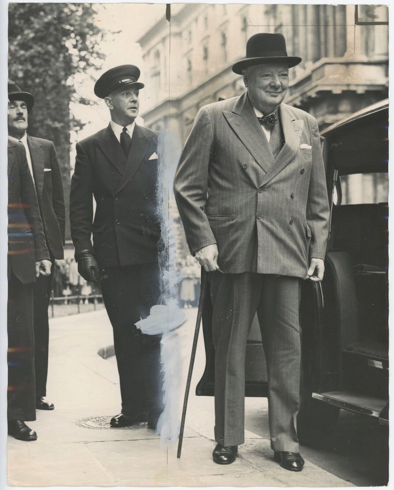 29 July 1955 press photo of Sir Winston S. Churchill arriving at 10 Downing St.